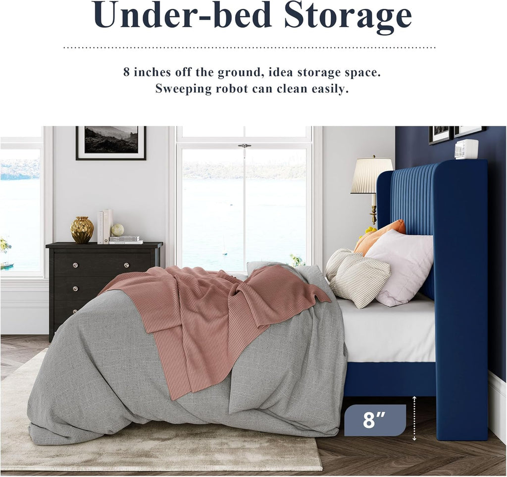 Allewie Full Size Velvet Bed Frame Vertical Channel Tufted Wingback Headboard Upholstered Bed wourant
