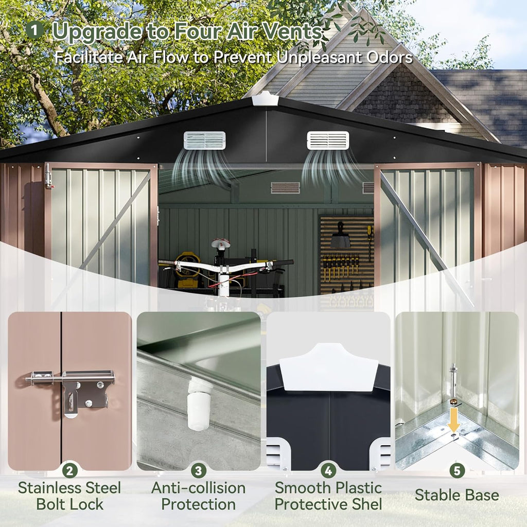 Aoxun 12x10 FT Shed Metal Outdoor Waterproof Storage Shed Steel Utility Garden Tool Shed with Door & Lock Outdoor Storage for Garden Patio Lawn Poolside, Brown wourant