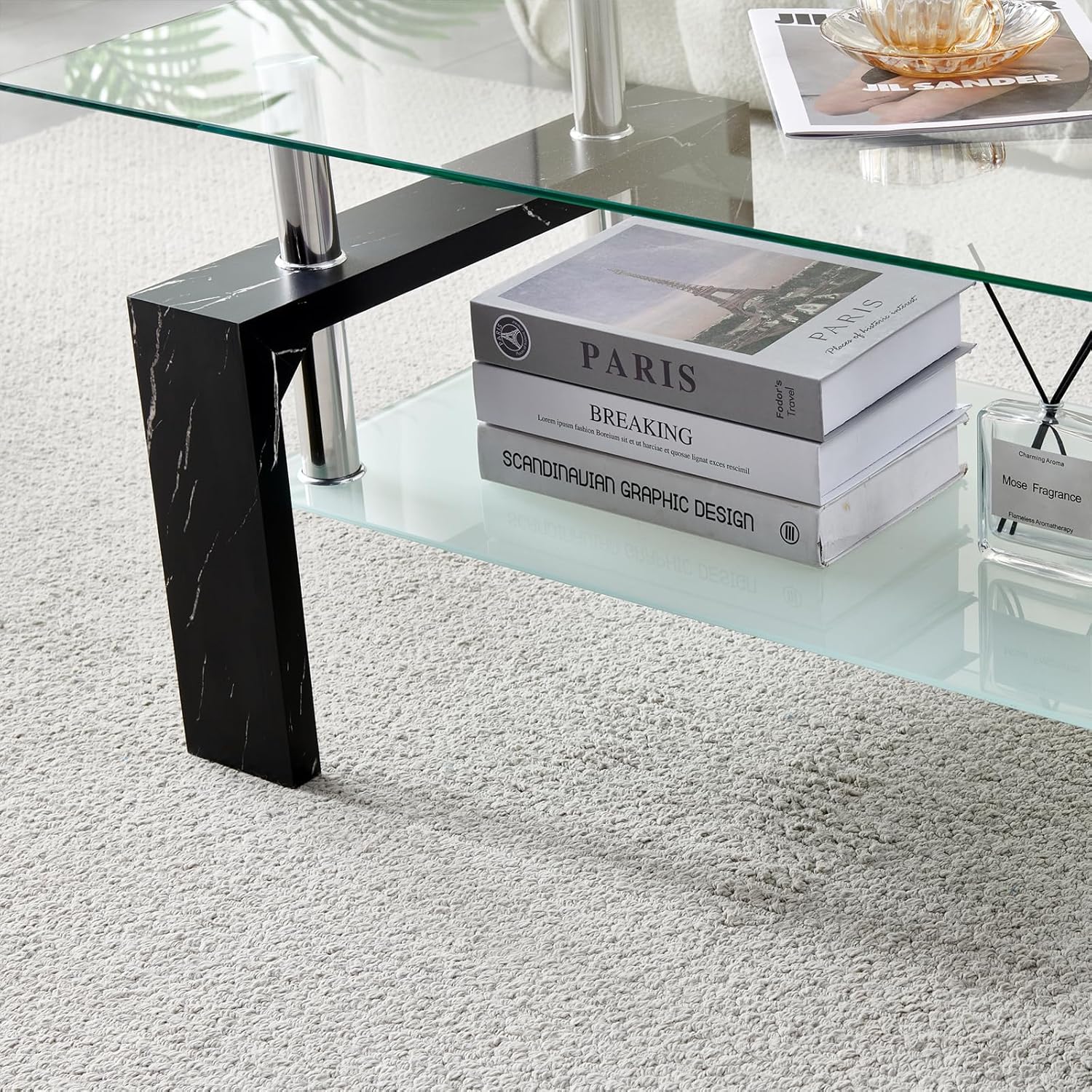 Living Room Rectangle Coffee Table, Tea Table Suitable for Waiting Room, Modern Side Coffee Table with Wooden Leg, Glass Tabletop wourant