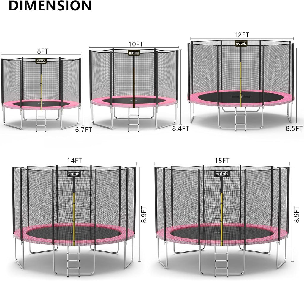 AOTOB 8FT 10FT 12FT 14 FT 15FT Trampoline with Safety Enclosure Net，Outdoor Trampoline with Basketball Hoop, Heavy Duty Jumping Mat and Spring Cover Padding for Kids and Adults, Storage Bag and Ladder wourant