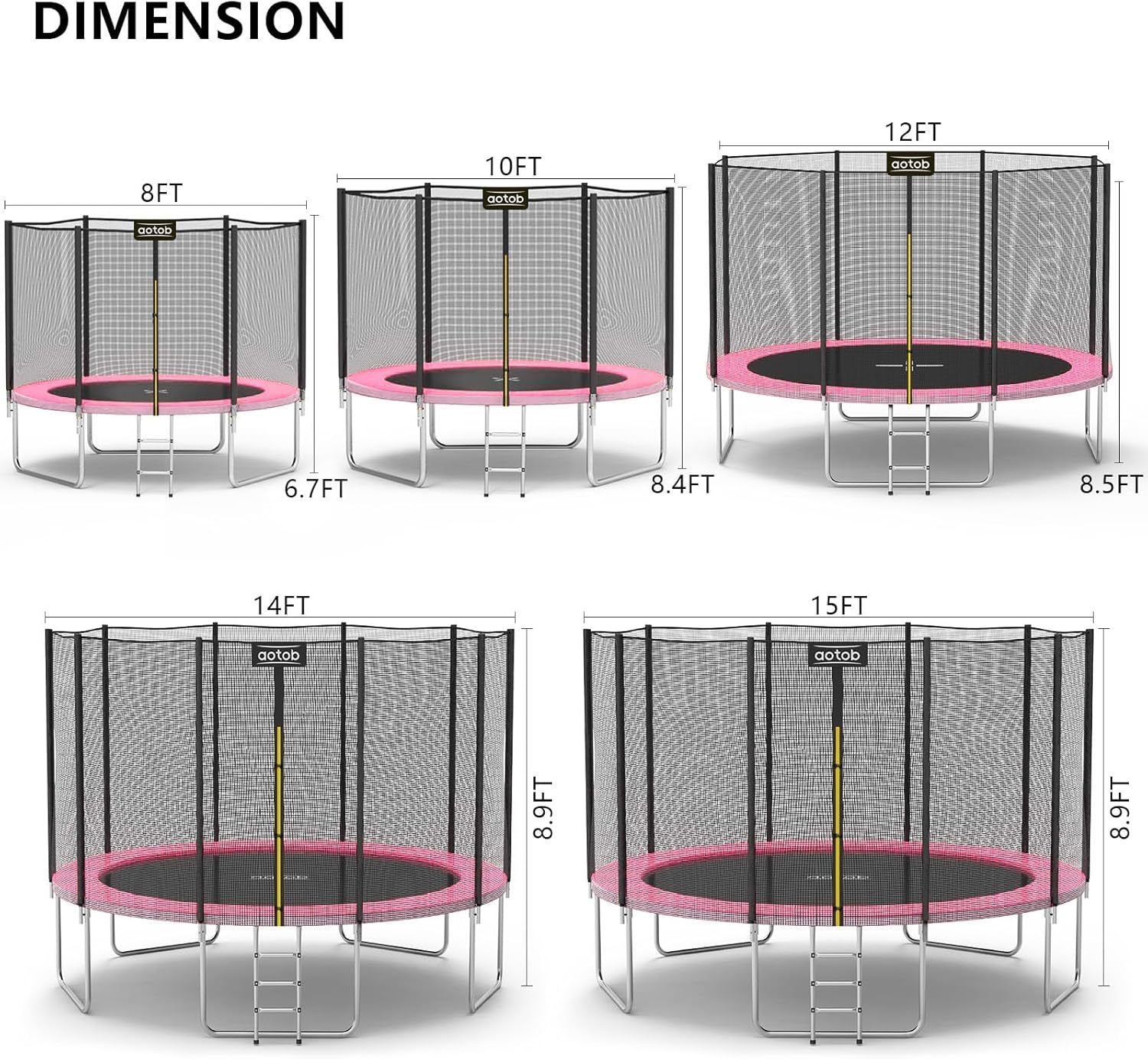 AOTOB 8FT 10FT 12FT 14 FT 15FT Trampoline with Safety Enclosure Net，Outdoor Trampoline with Basketball Hoop, Heavy Duty Jumping Mat and Spring Cover Padding for Kids and Adults, Storage Bag and Ladder wourant