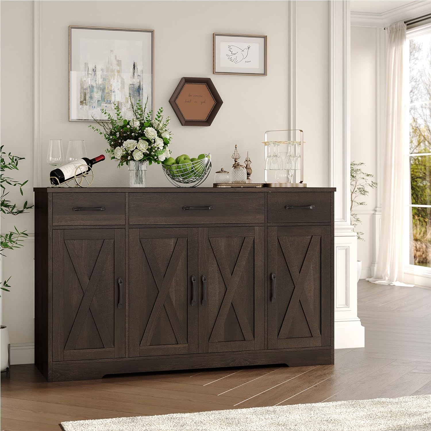 Sideboard with drawers, large 55-inch sideboard, sideboard storage with shelves and doors, modern farmhouse coffee bar wood kitchen dining table wourant