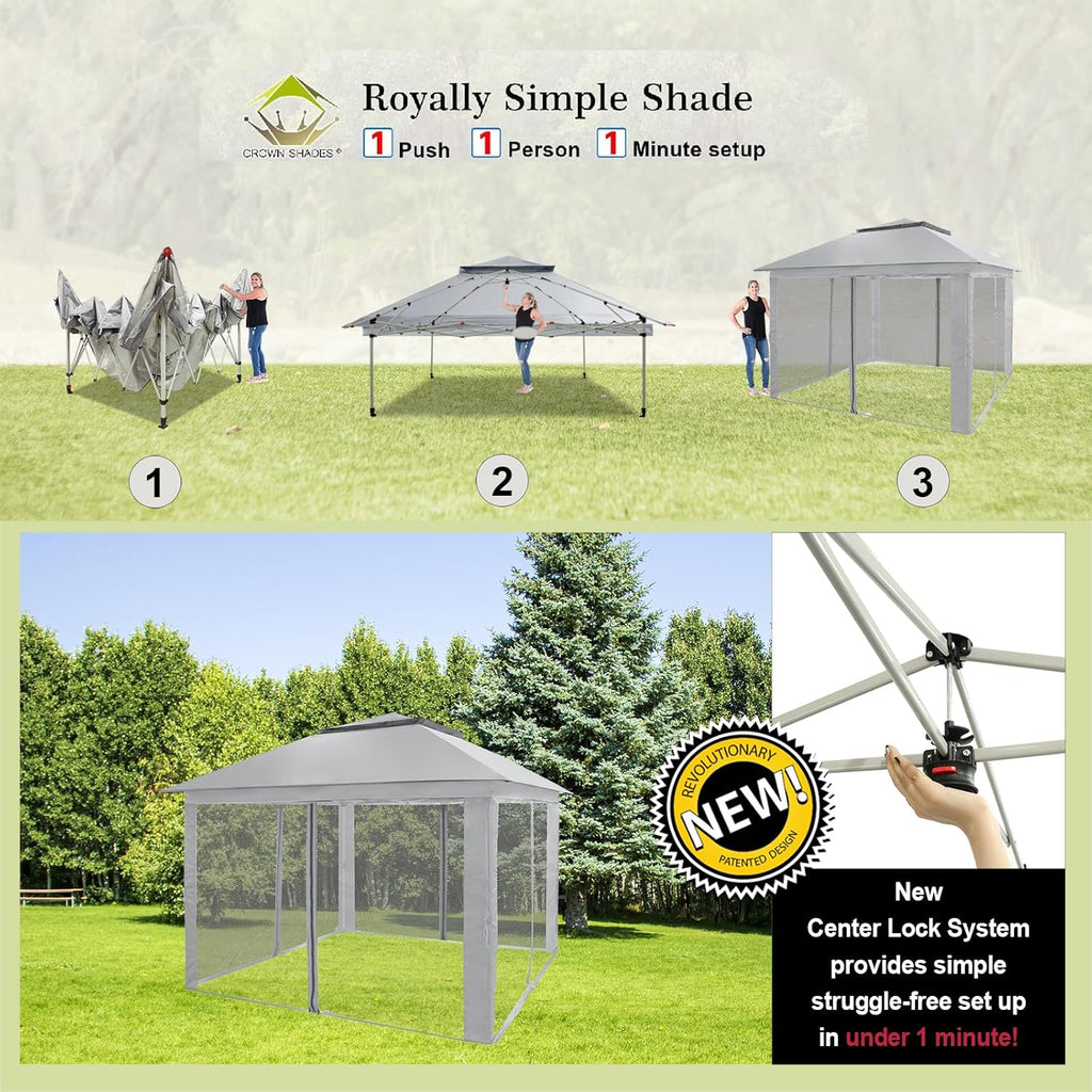 CROWN SHADES 13x13 Pop Up Gazebo, Canopy Tent, Gazebos on Clearance - Outdoor Gazebo for Backyard & Patio Furniture - Carpa Pop Up Tent with Wheeled STO-N-Go Cover Bag (White) wourant