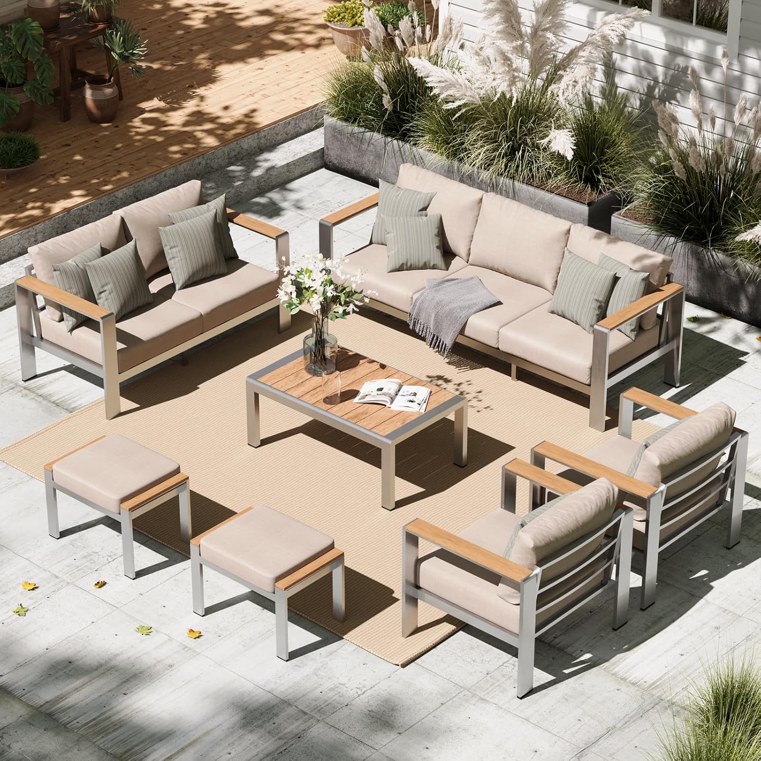 Aluminum Outdoor Patio Furniture Set with Coffee Table, 4 Piece Patio Conversation Sets with Washable Thick Cushions, Outdoor Sectional Furniture Set for Poolside, Balcony, Deck, Gray woonhhop