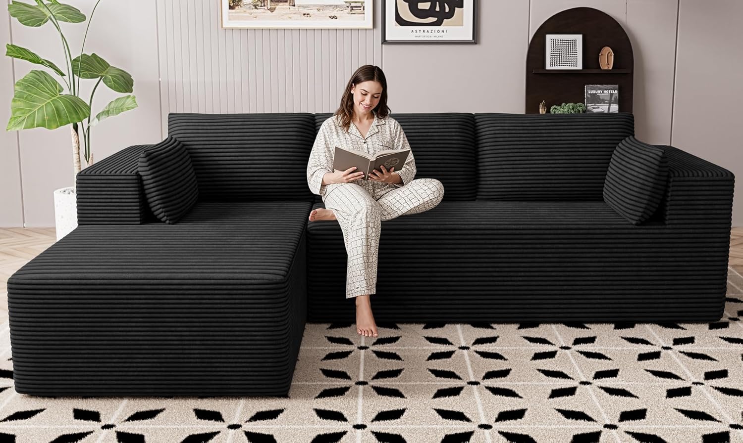 Cloud Sectional Boneless Couches for Living Room, Modular L Shaped Couch with Deep Seat Oversized Right Facing Chaise, Memory Foam Compressed Spineless 3 Seater Sofa for Apartment, Black | No Assembly Required, Deep Seat, Cat-Claw Resistant, High-Resilien wourant