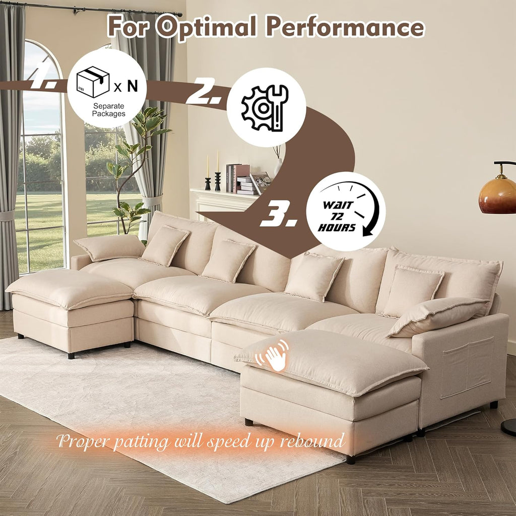108 Inch U Shape Sofa Sectional Sofa Comfortable Cloud Sofa with Removable Footstool wourant