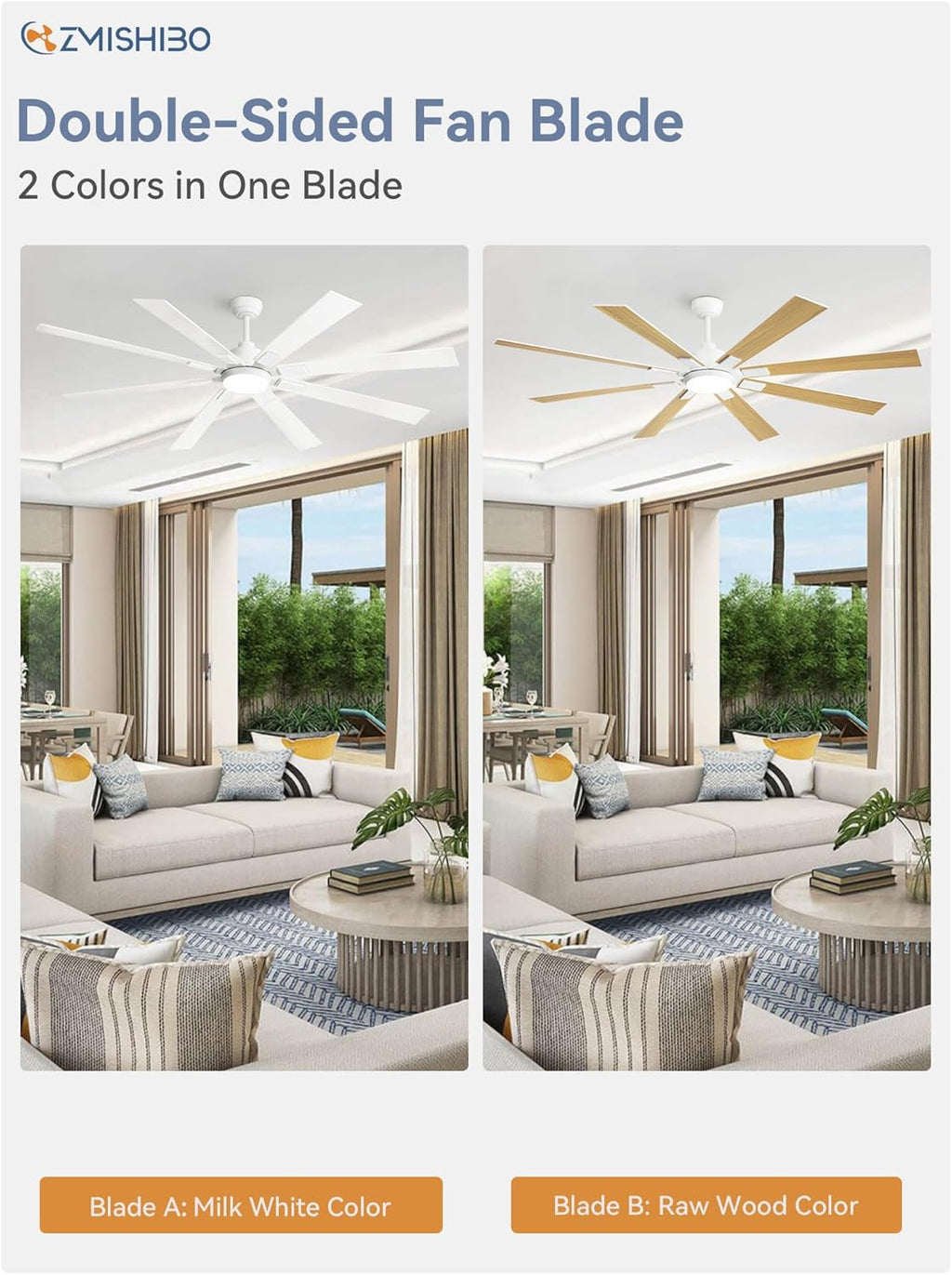 ZMISHIBO 72 inch Large Ceiling Fans with Lights and Remote, Indoor/Outdoor Black Modern Ceiling Fan for Kitchen Living Room Patio, 6 Speed Reversible Quiet DC Motor, 3 CCT, Dual Finish 8 Blades wourant
