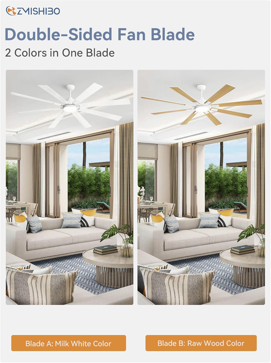 ZMISHIBO 72 inch Large Ceiling Fans with Lights and Remote, Indoor/Outdoor Black Modern Ceiling Fan for Kitchen Living Room Patio, 6 Speed Reversible Quiet DC Motor, 3 CCT, Dual Finish 8 Blades wourant