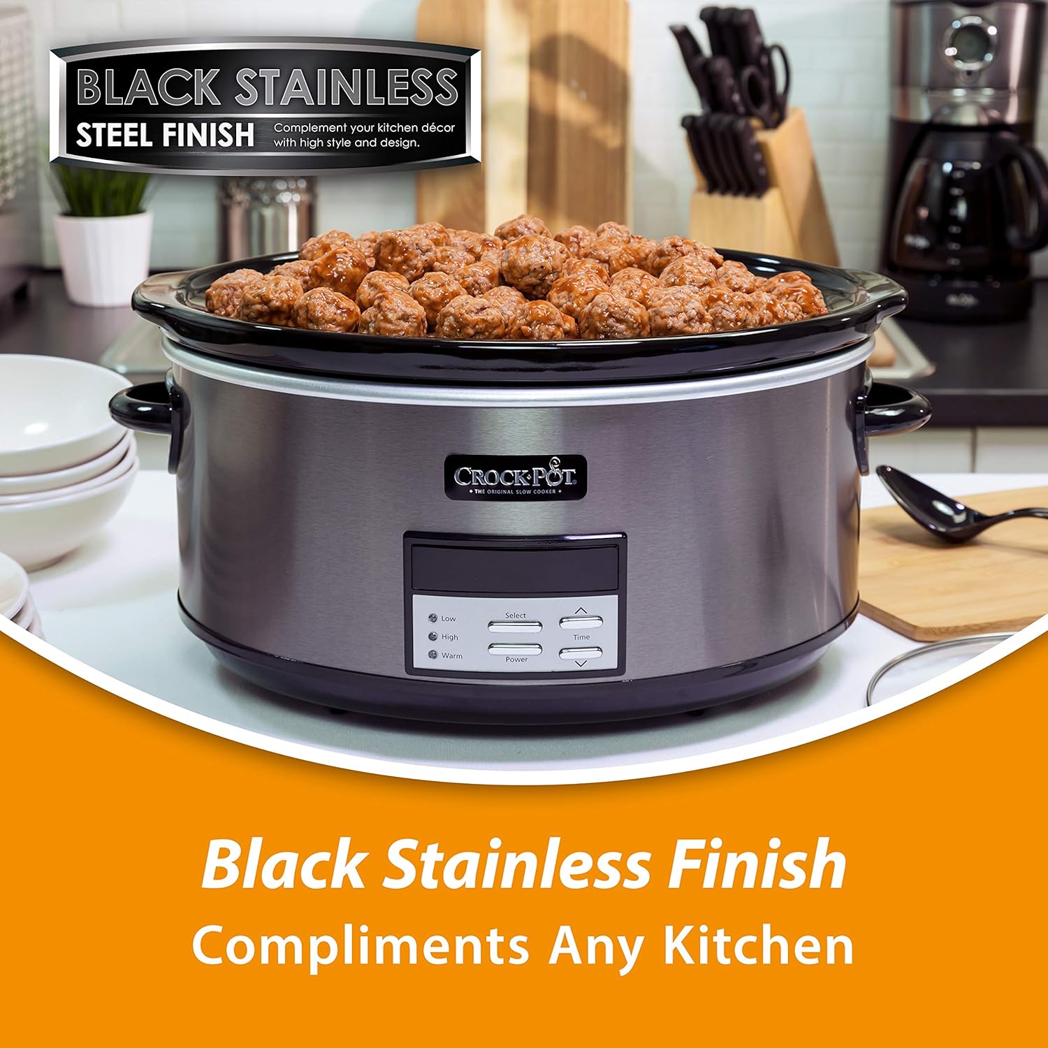 Large 8-Quart Programmable Slow Cooker with Auto Warm Setting Black Stainless Steel wourant