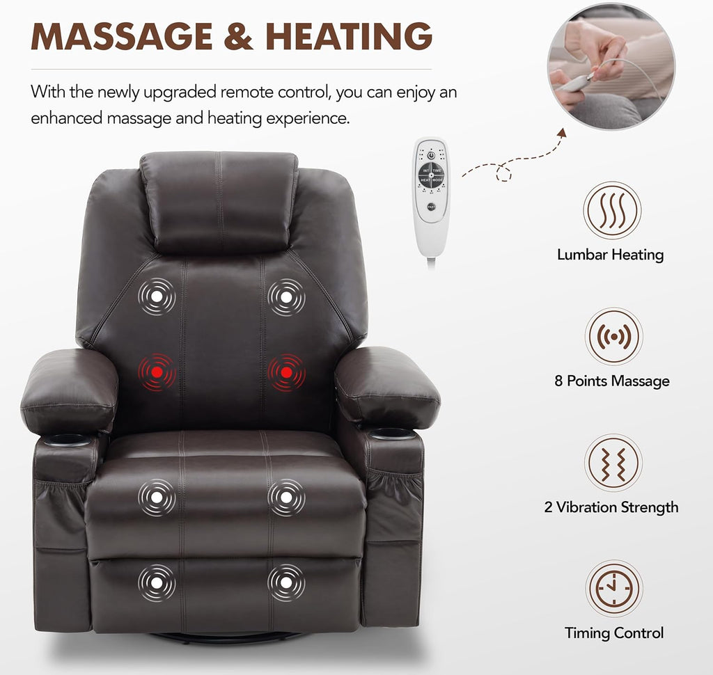 Large Swivel Rocking Recliner with Heating and Massage Function, 360 Degree Swivel Rocking Single Sofa wourant