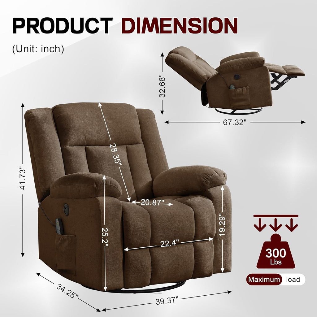 Adult rocking chair, gliding recliner, 360° rotating rocking chair with massage and heating function wourant