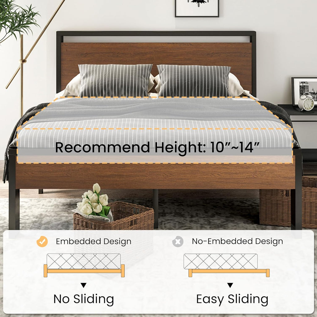 SHA CERLIN 14 Inch Full Size Metal Platform Bed Frame with Wooden Headboard and Footboard wourant