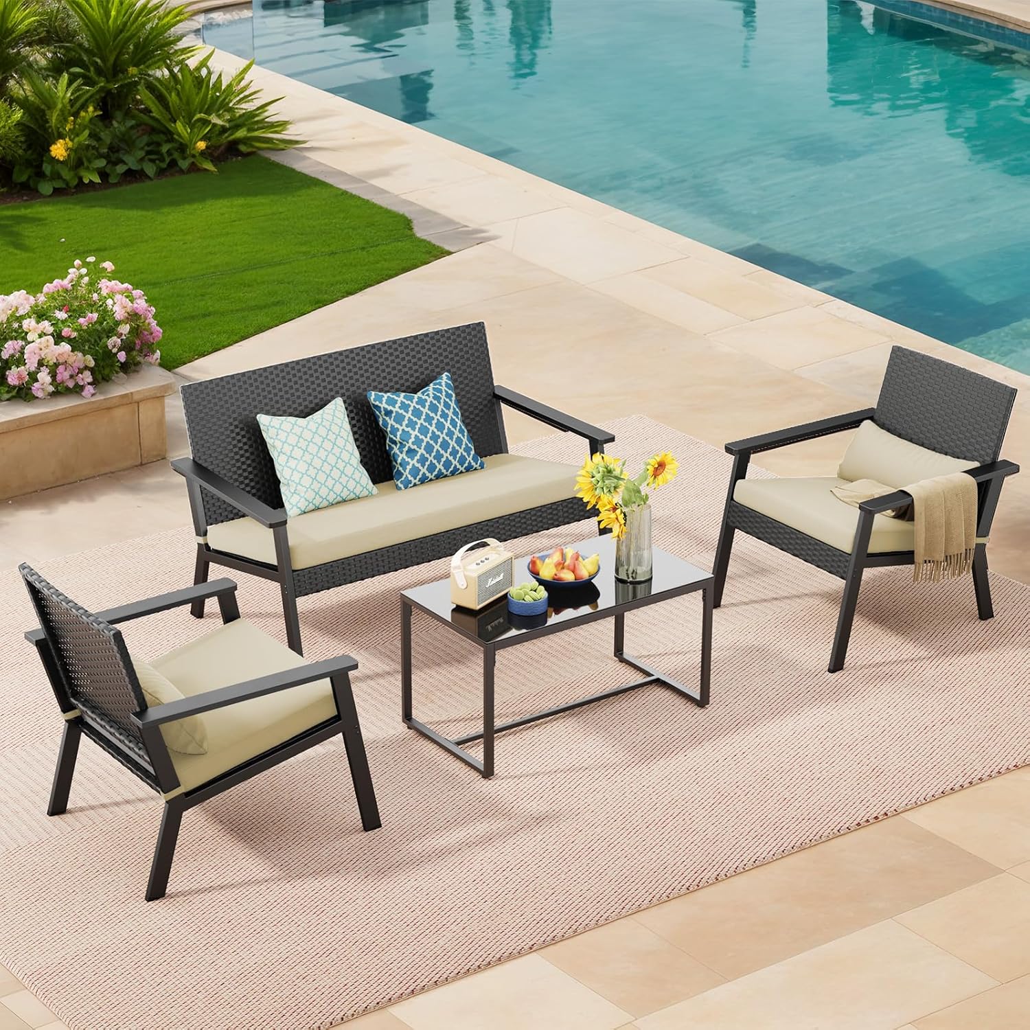 Ahomly 4-Piece Outdoor Wicker Patio Furniture Set with Deep Seating Cushions and Table for Balcony, Backyard, and Porch (Gray) wourant