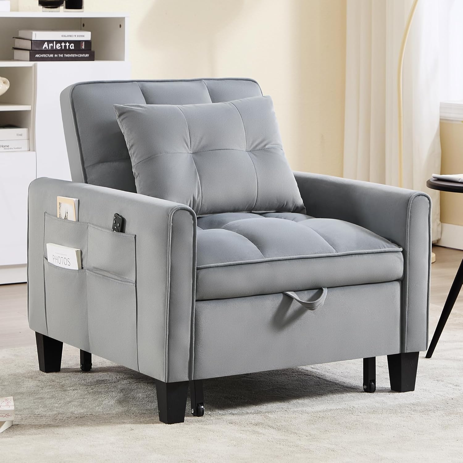 Convertible Sleeper Chair, 3 in 1 Sleeper Chair Bed Pull Out Sofa Bed Chairs, Velvet Single Sofa with Adjustable Backrest wourant