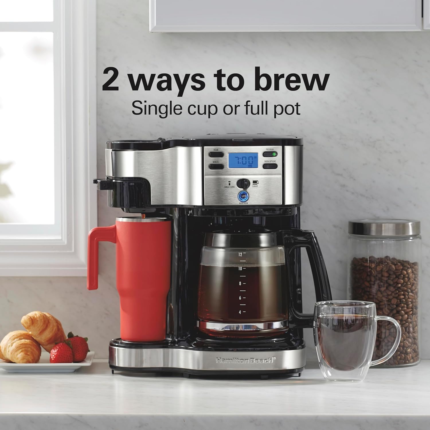 Hamilton Beach 2-Way 12 Cup Programmable Drip Coffee Maker & Single Serve Machine, Glass Carafe, Auto Pause and Pour, Black (49980R) wourant