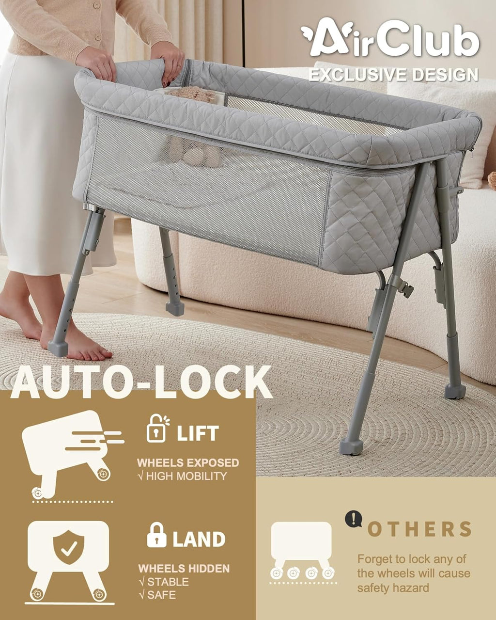 Bassinet Bedside Sleeper Baby Crib for Newborn Baby Bassinets Bedside Sleeper 4 Auto-Lock wourant
