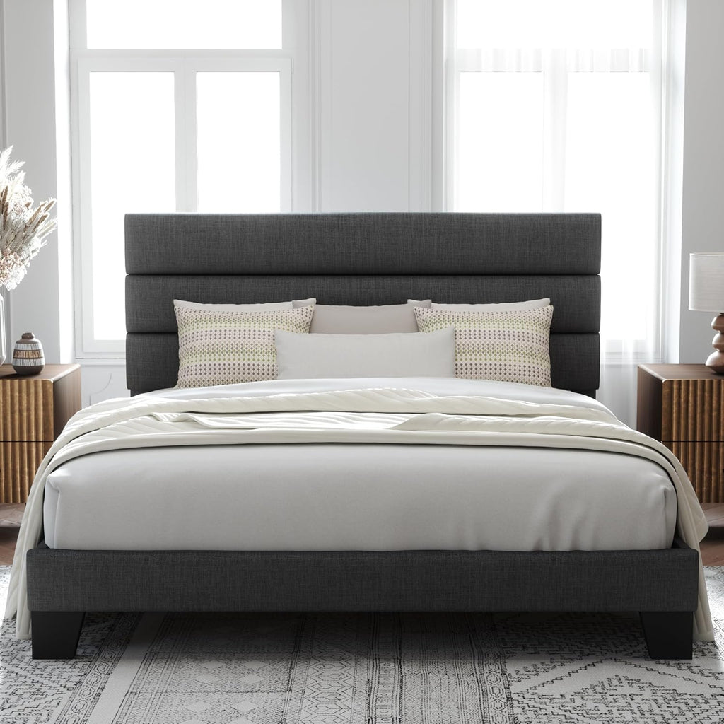 Allewie Queen Size Platform Bed Frame Fabric Upholstered Headboard Wooden Slats Support wourant