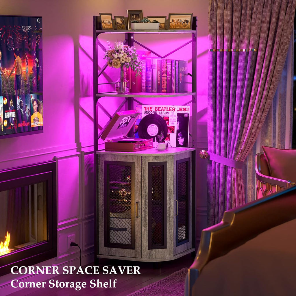 Aheaplus Corner Bar Cabinet with Power Outlet, Industrial Wine Cabinet with LED Strip and Glass Holder, 5-Tiers Liquor Cabinet Bar Unit for Home, Corner Display Cabinet for Small Space, White Oak wourant