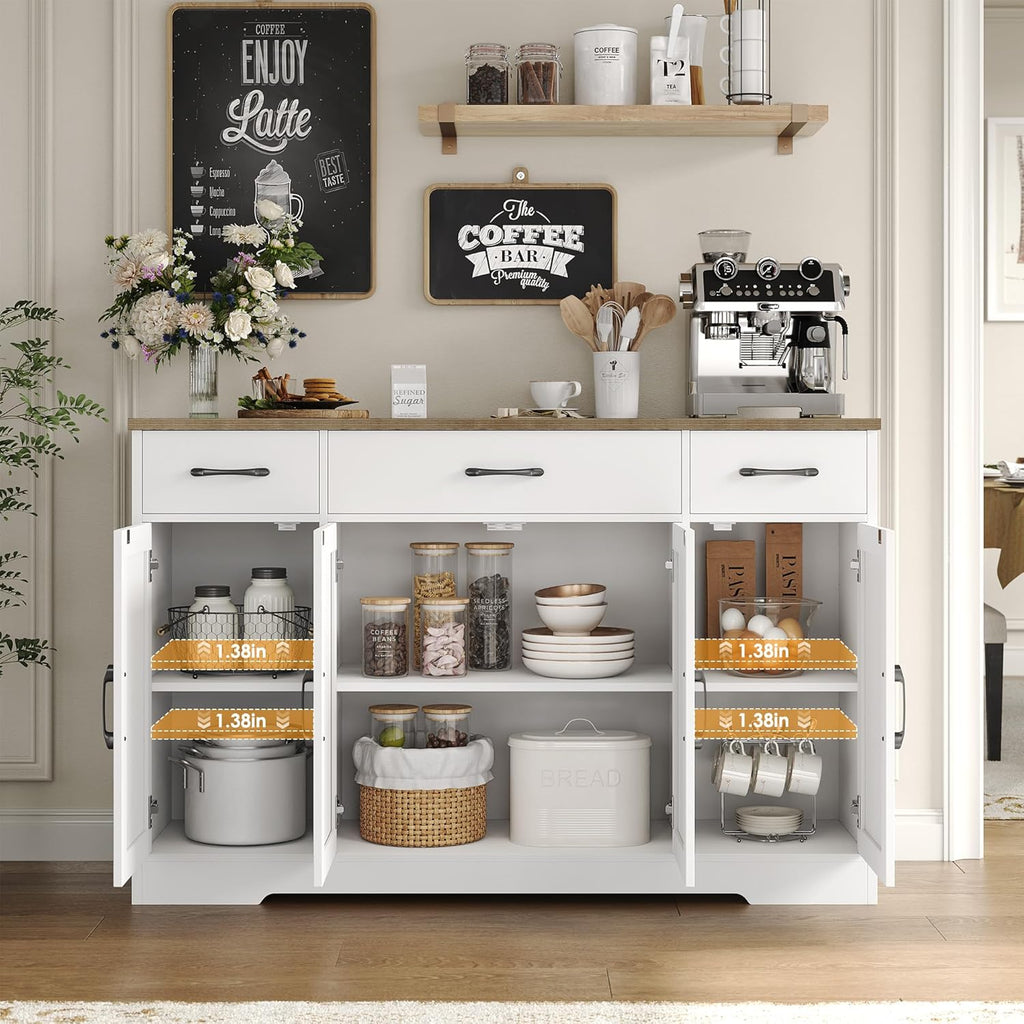 Sideboard with drawers, large 55-inch sideboard, sideboard storage with shelves and doors, modern farmhouse coffee bar wood kitchen dining table wourant