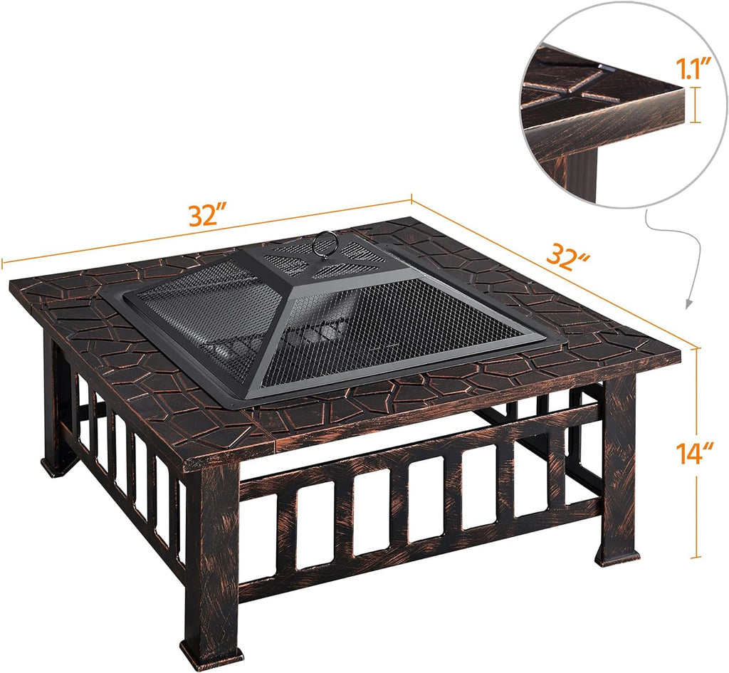 Yaheetech Multifunctional Fire Pit Table 32in Square Metal Firepit Stove Backyard Patio Garden Fireplace for Camping, Outdoor Heating, Bonfire and Picnic wourant