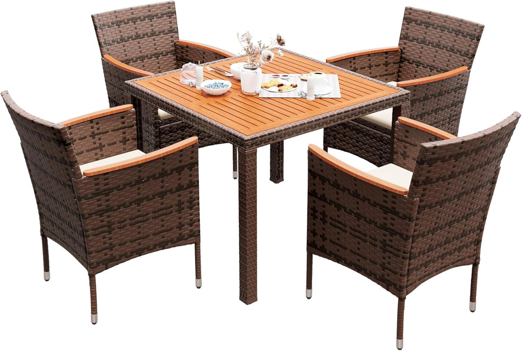 Devoko Dining 7 PCS Furniture, Patio Conversation Set with Acacia Wood Table Top, Rattan Outdoor, Black wourant
