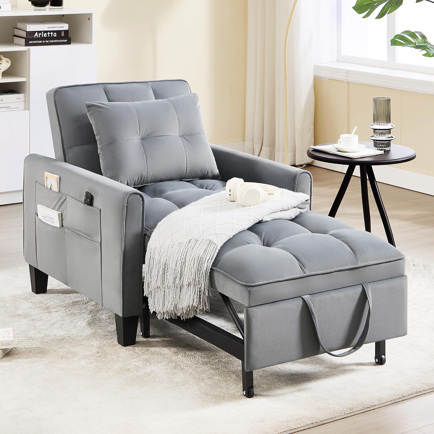 Convertible Sleeper Chair, 3 in 1 Sleeper Chair Bed Pull Out Sofa Bed Chairs, Velvet Single Sofa with Adjustable Backrest wourant