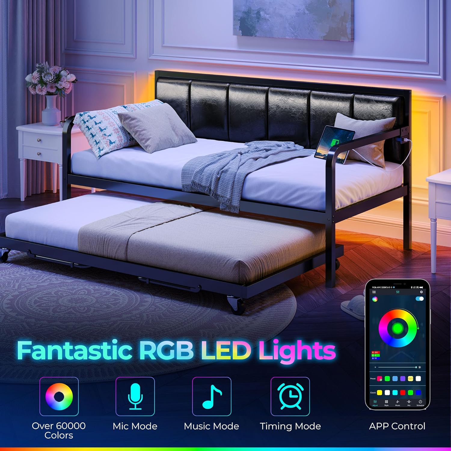 Rolanstar Daybed with Charging Station and LED Lights, Height Adjustable Twin Daybed with Trundle, Metal Sofa Bed Frame with Steel Slat Support wourant