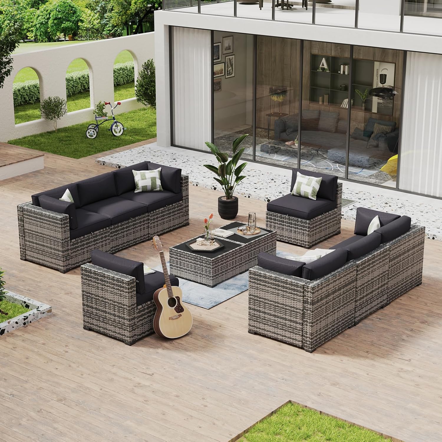 Aoxun 8 Piece Patio Furniture Set with 44?Fire Pit Table Wicker Rattan Outdoor Sectional Sofa Set with Coffee Table and Thickened Cushions, Beige (Waterproof Cover Included) woonhhop