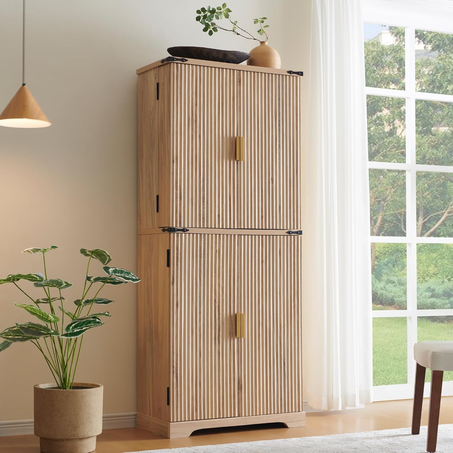 Fluted Pantry Cabinet, 72" Tall Modern Storage Cabinet with 4 Doors, Organizer, Drawer and Adjustable Shelves, Wood Cupboard for Kitchen, Dining Room, Living Room and Bathroom, Natural Oak wourant