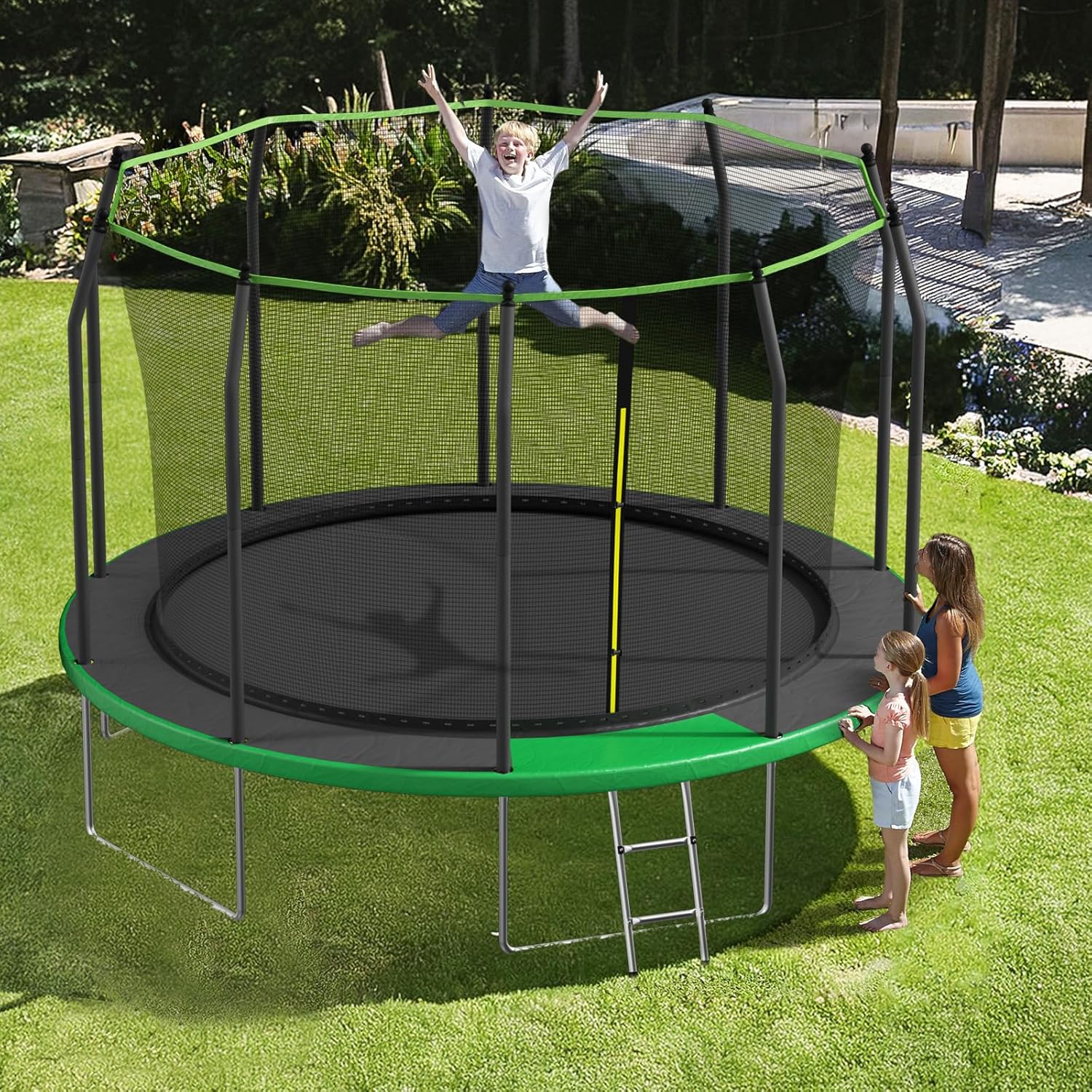 AOTOB 8FT 10FT 12FT 14 FT 15FT Trampoline with Safety Enclosure Net，Outdoor Trampoline with Basketball Hoop, Heavy Duty Jumping Mat and Spring Cover Padding for Kids and Adults, Storage Bag and Ladder wourant