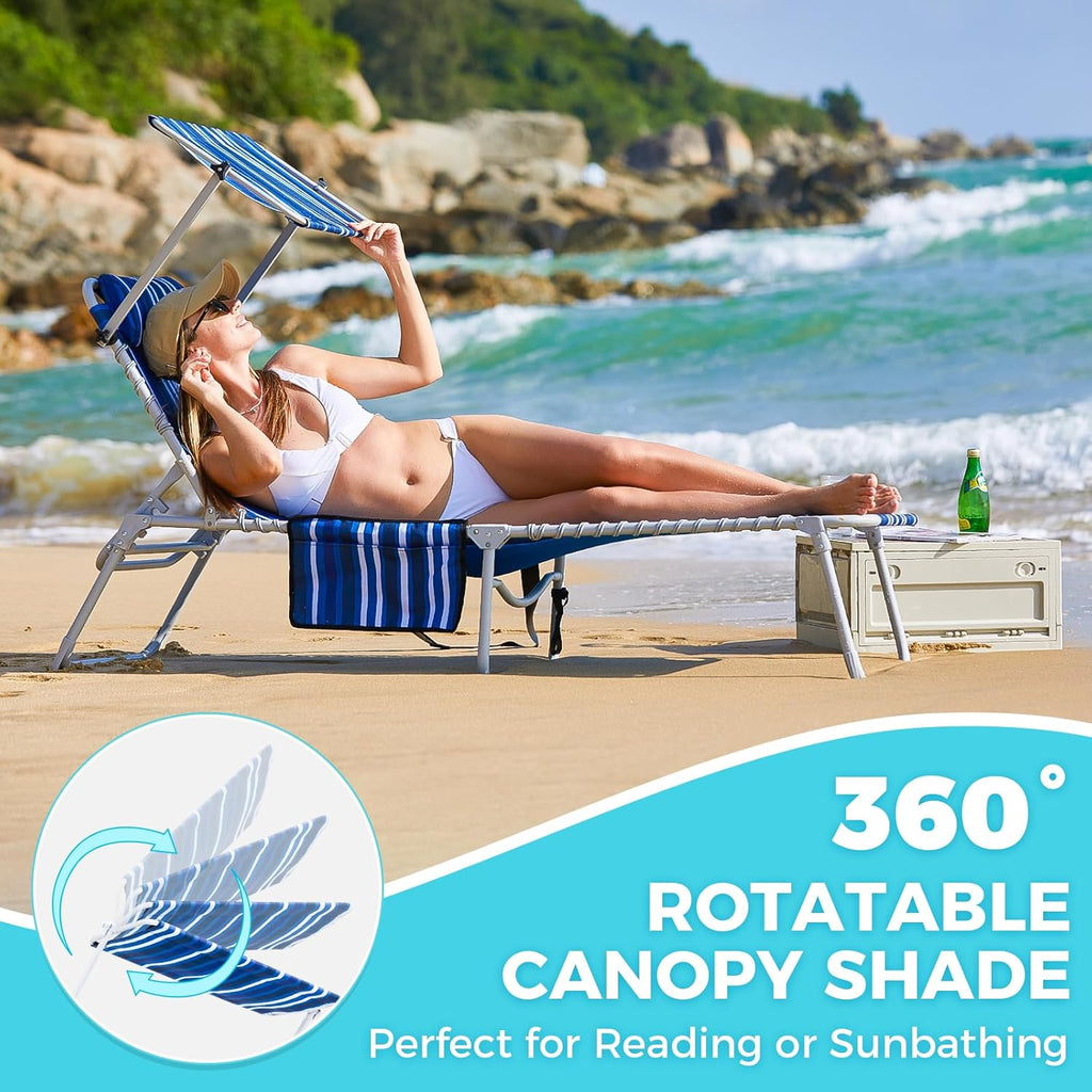 2 Pack Outdoor Chaise Lounge Chair - Portable Folding Patio Pool Lounge Chair, 5 Positions Adjustable Reclining Camping Chair with Side Table,Shoulder Strap, Pillow for Beach Sunbathing Lawn wourant