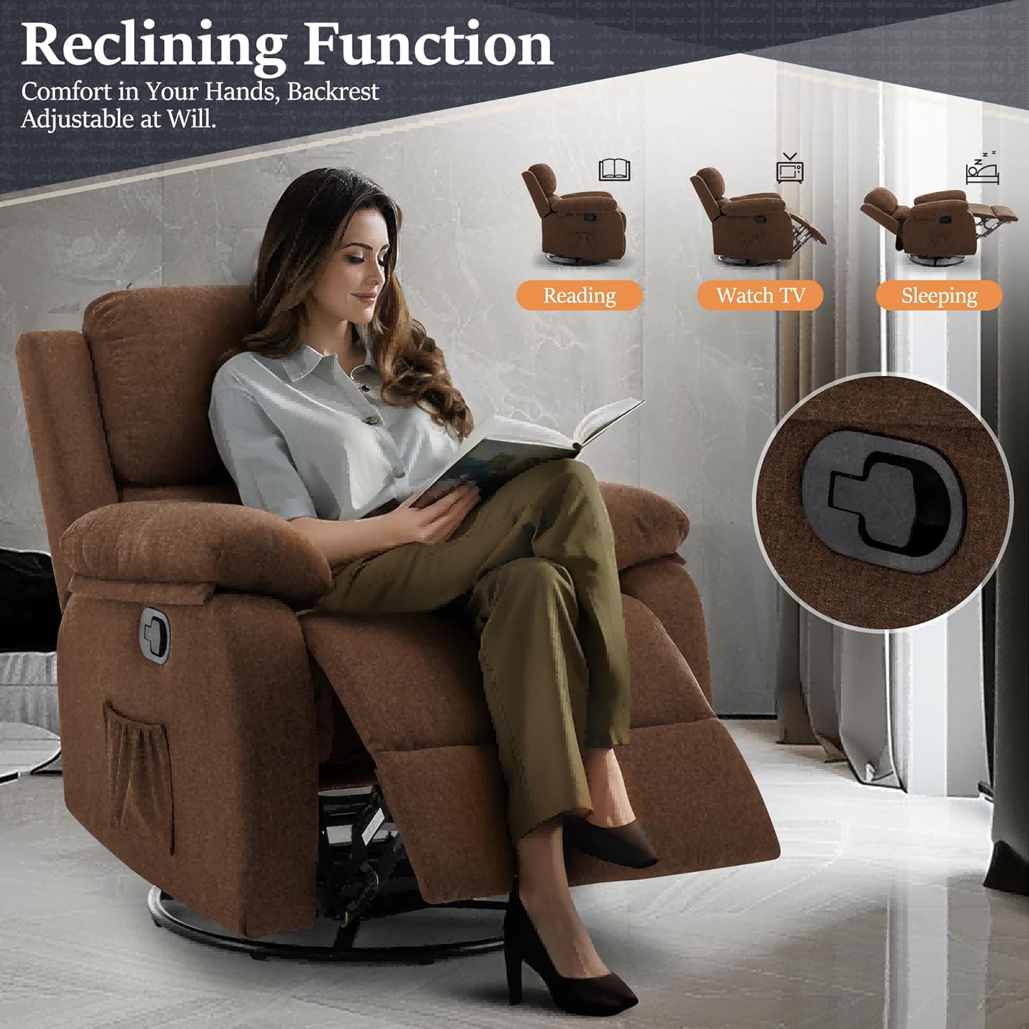 Reclining rocking chair 360 degree rotating fabric sliding reclining chair wourant