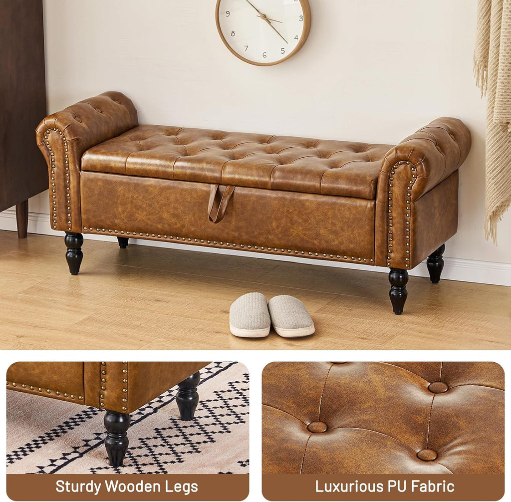 Furniliving Modern Storage Ottoman Bench, Sherpa Ottoman End of Bed Bench with Solid Wood Legs Upholstered Ottoman Benches with Storage Indoor Bench wourant