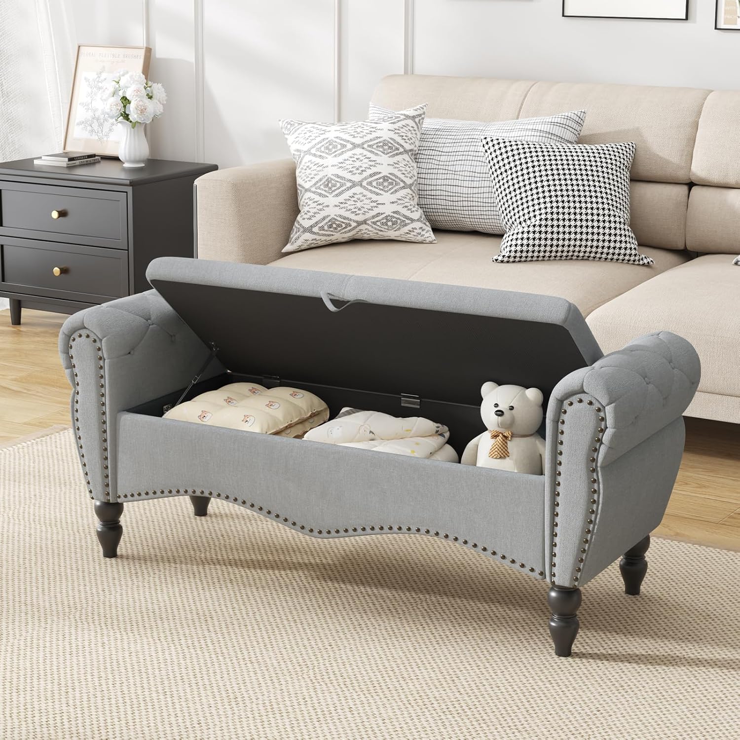 Furniliving Modern Storage Ottoman Bench, Sherpa Ottoman End of Bed Bench with Solid Wood Legs Upholstered Ottoman Benches with Storage Indoor Bench wourant