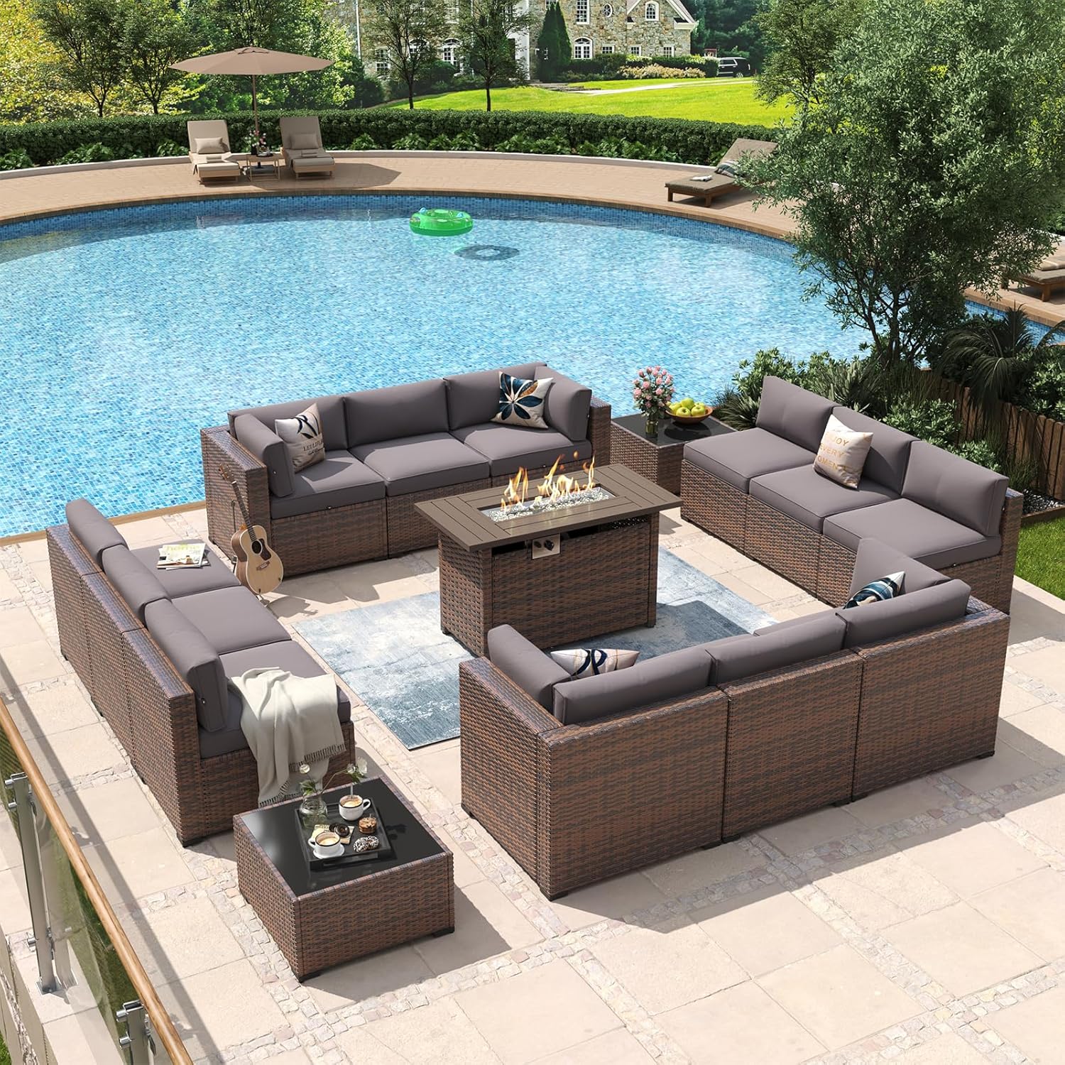 Aoxun 8 Piece Patio Furniture Set with 44?Fire Pit Table Wicker Rattan Outdoor Sectional Sofa Set with Coffee Table and Thickened Cushions, Beige (Waterproof Cover Included) woonhhop