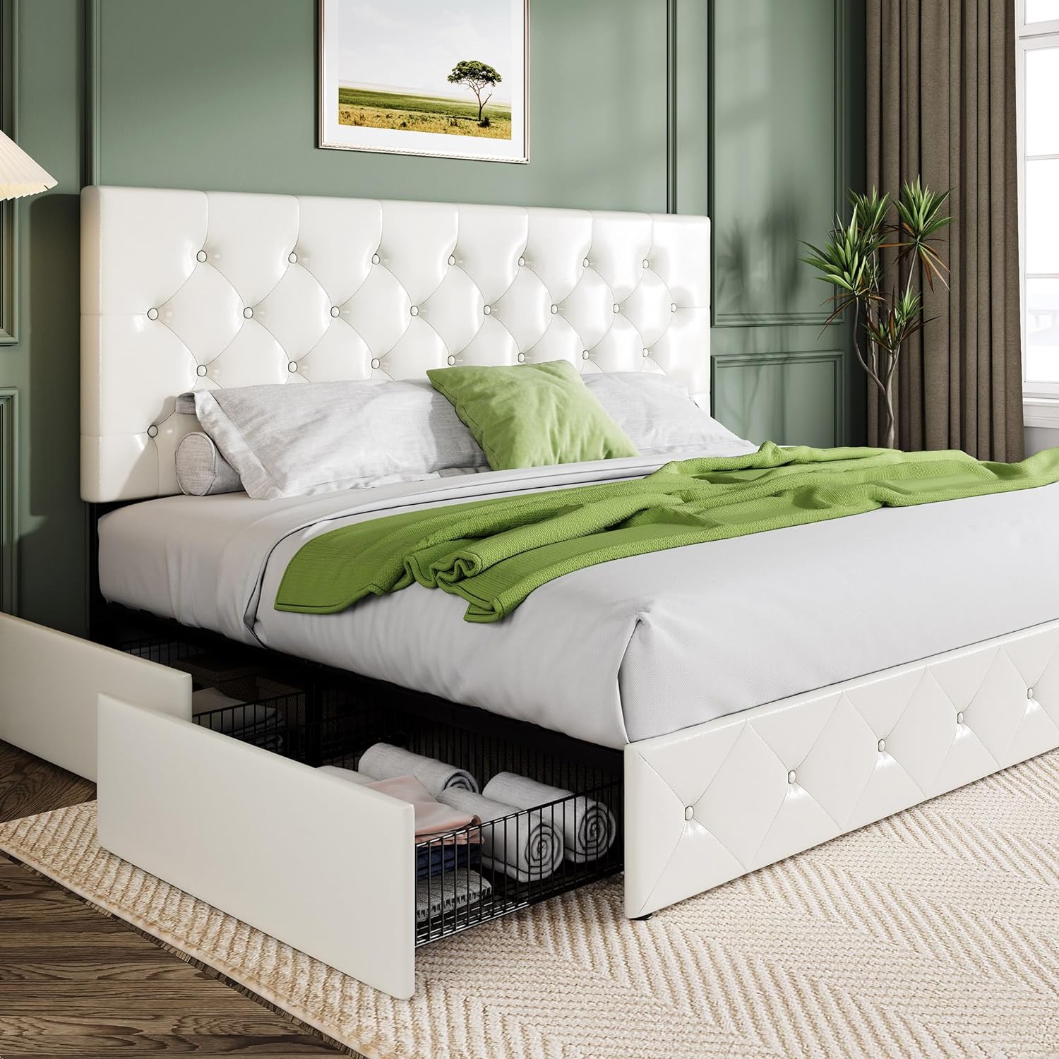 Allewie Upholstered Queen Size Platform Bed Frame with 4 Storage Drawers and Headboard wourant