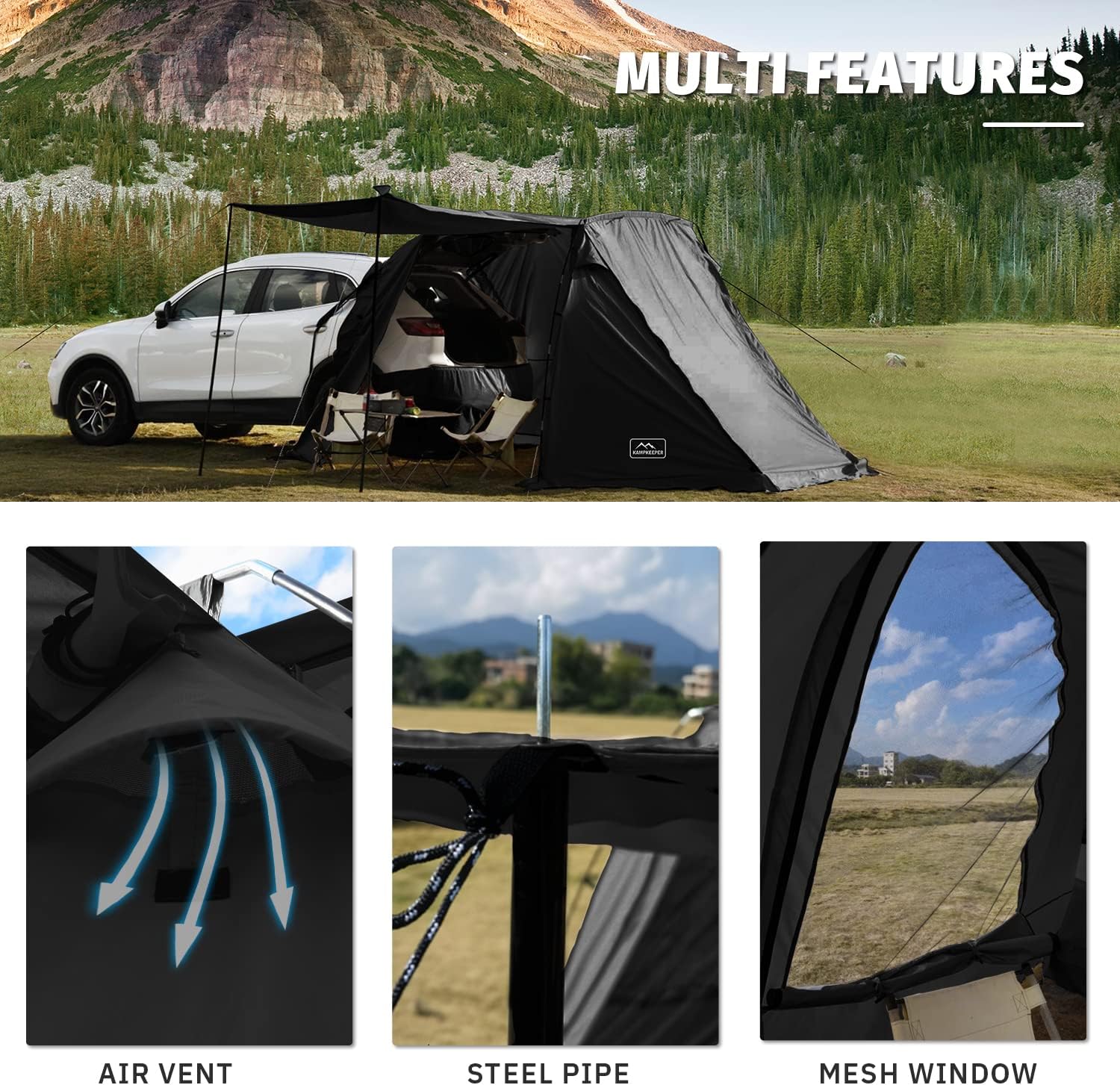 KAMPKEEPER SUV Car Tent, Tailgate Shade Awning Tent for Camping, Vehicle Camping Tents Outdoor Travel (Black) wourant
