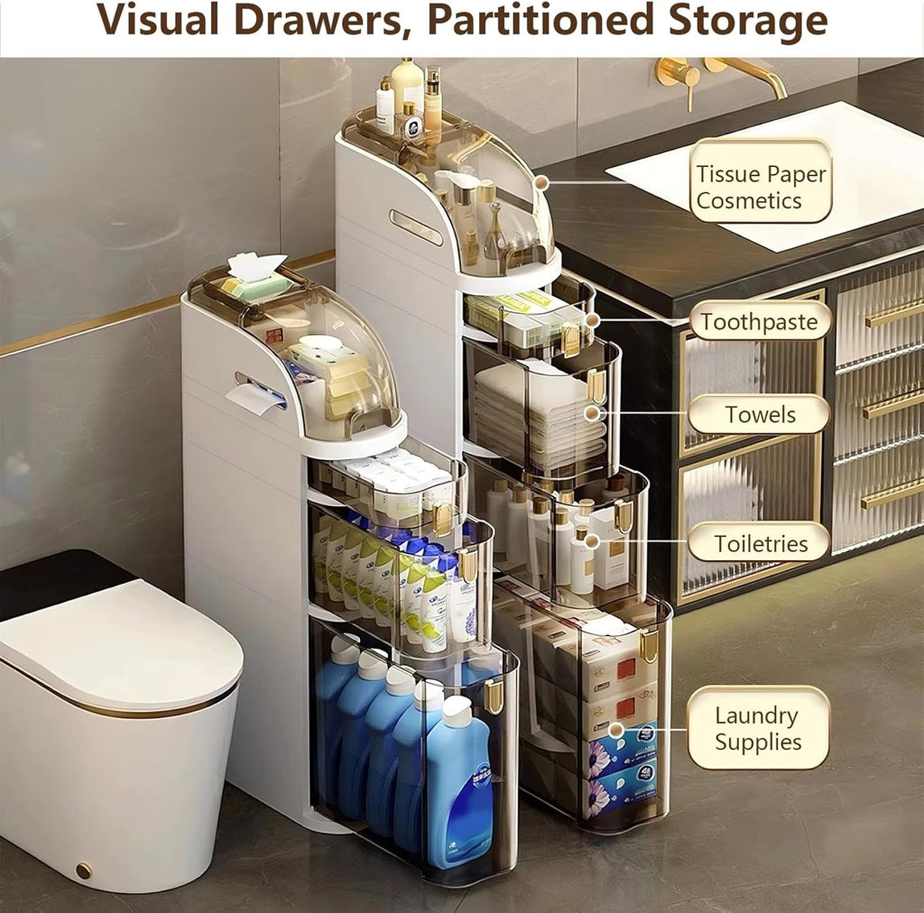 4-Tiers Narrow Bathroom Storage Cabinet 7.1 Slim Bathroom Floor Organizer with Drawers wourant