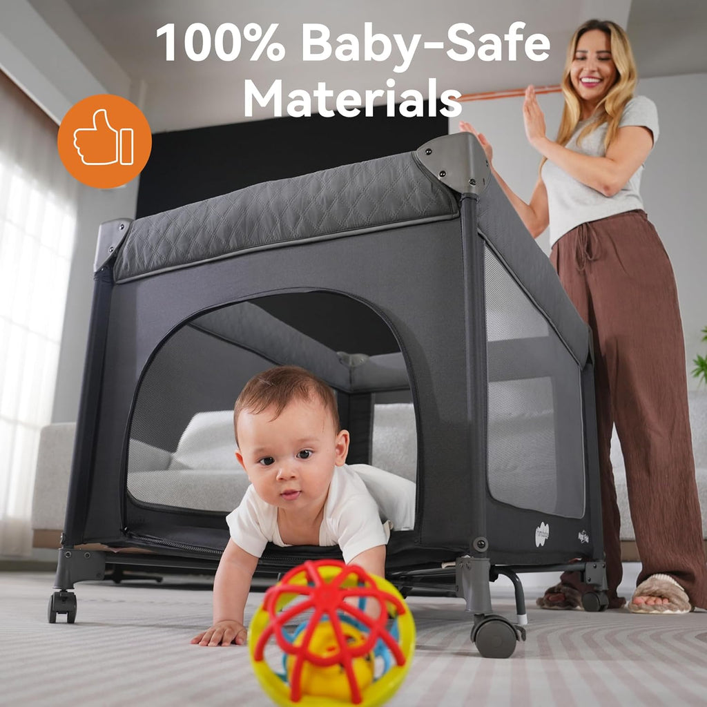 Pamo Babe Baby Playpen - Heavy-duty steel frame provides a safe sleeping space and portable crib wourant