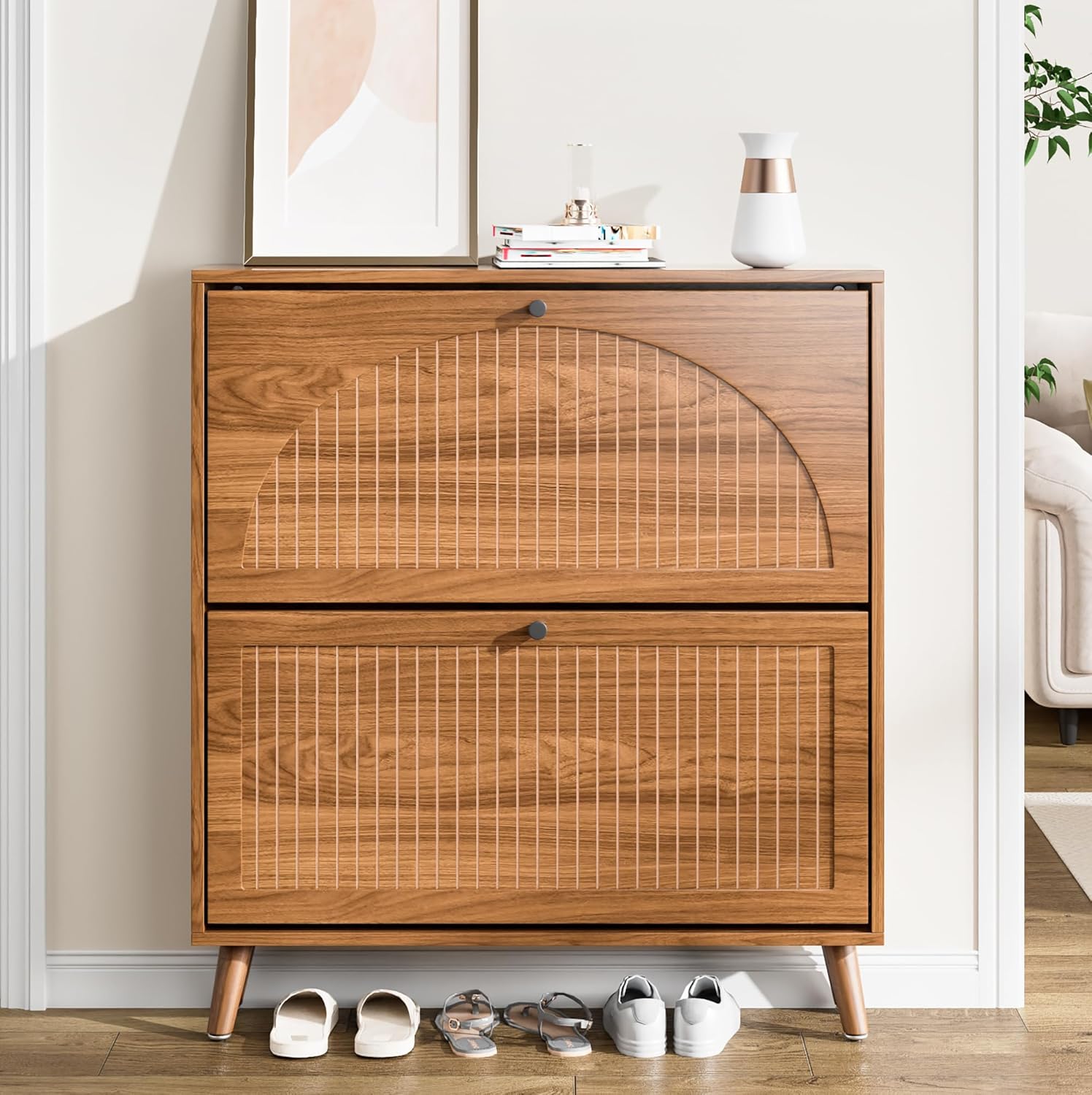 Entrance shoe cabinet with 2 flip-top drawers, narrow wooden shoe cabinet with fluted panels wourant