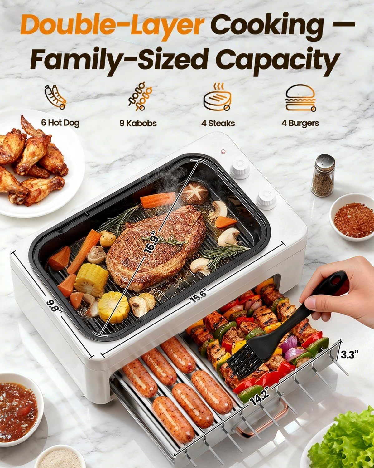 4-in-1 Electric Indoor Grill Smokeless for Home,Countertop Electric Grill with Removable Sizzling Grill Pan & Grate + Auto Rotating Kabob Skewers + Electric Hot Dog Roller Dual Zone Cook with Lid woonhhop