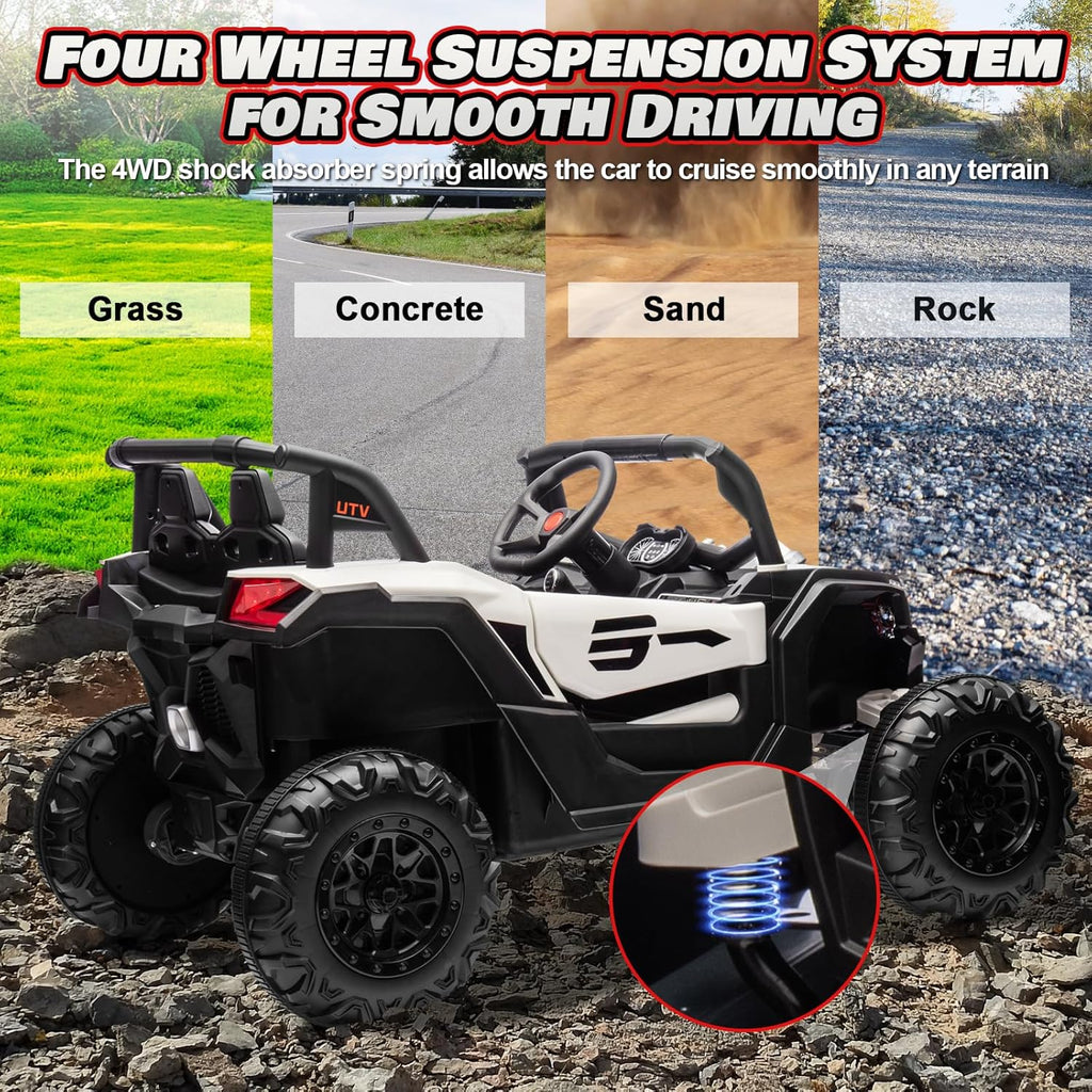 JOYRACER Kids Remote Control Car with 4 x 150W Motors, Shock Absorbers, Bluetooth, MP3 Player, and Headlights wourant