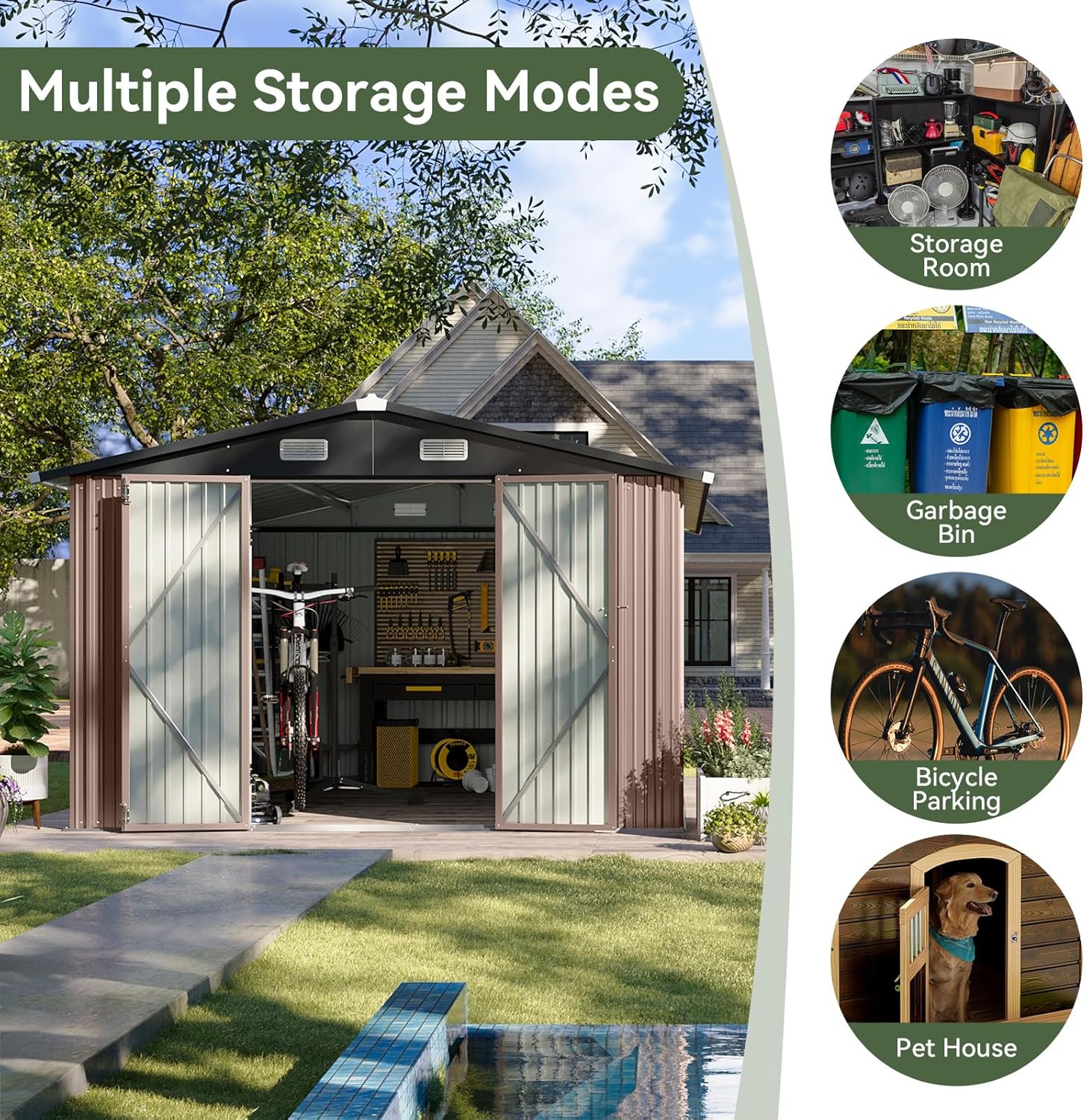 Aoxun 12x10 FT Shed Metal Outdoor Waterproof Storage Shed Steel Utility Garden Tool Shed with Door & Lock Outdoor Storage for Garden Patio Lawn Poolside, Brown wourant