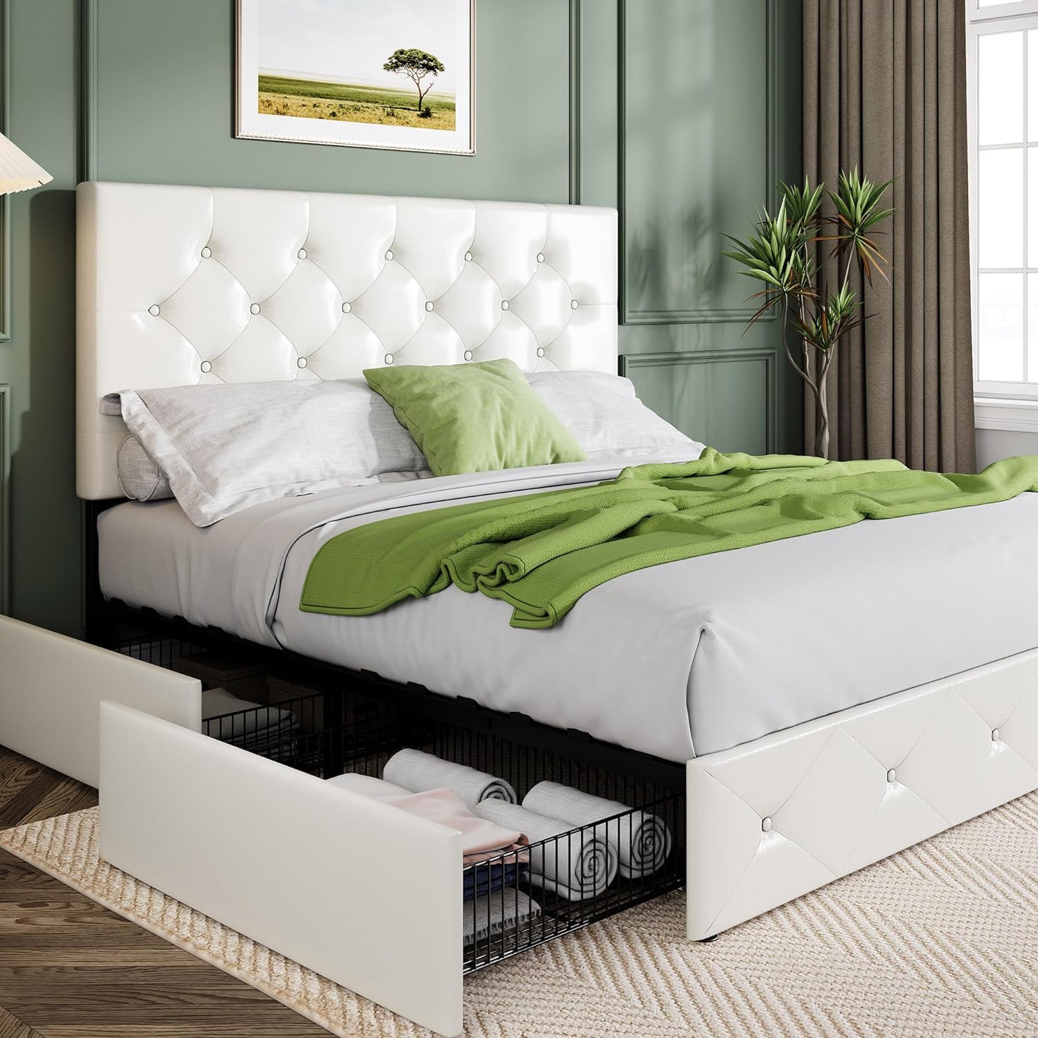 Allewie Upholstered Queen Size Platform Bed Frame with 4 Storage Drawers and Headboard wourant