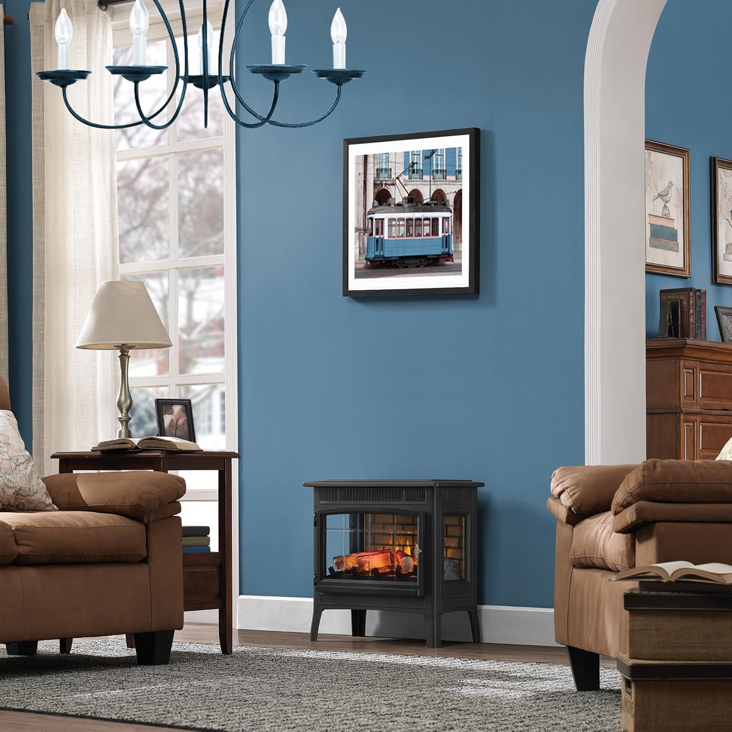 Freestanding Electric Fireplace Stove Heater with 3D Flame Effect for 1,000 Sq. Ft wourant