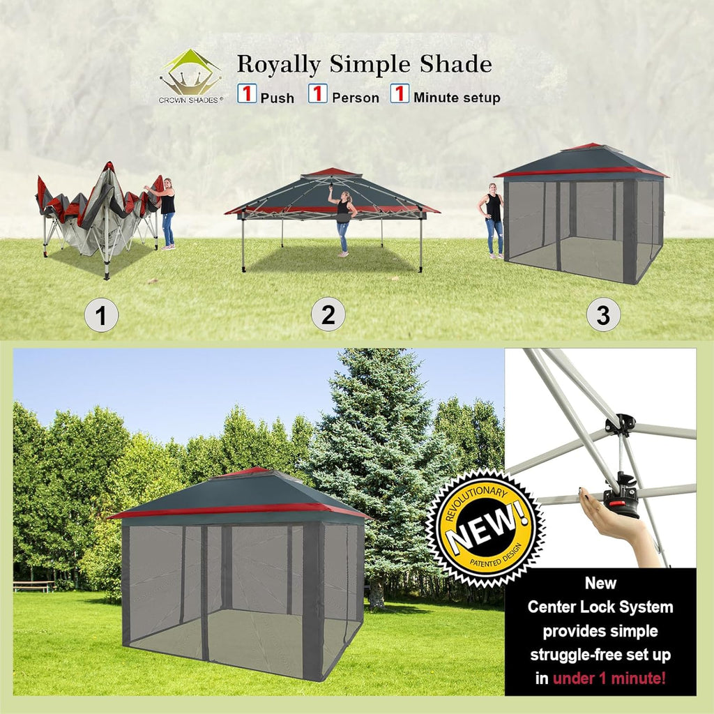 CROWN SHADES 13x13 Pop Up Gazebo, Canopy Tent, Gazebos on Clearance - Outdoor Gazebo for Backyard & Patio Furniture - Carpa Pop Up Tent with Wheeled STO-N-Go Cover Bag (White) wourant