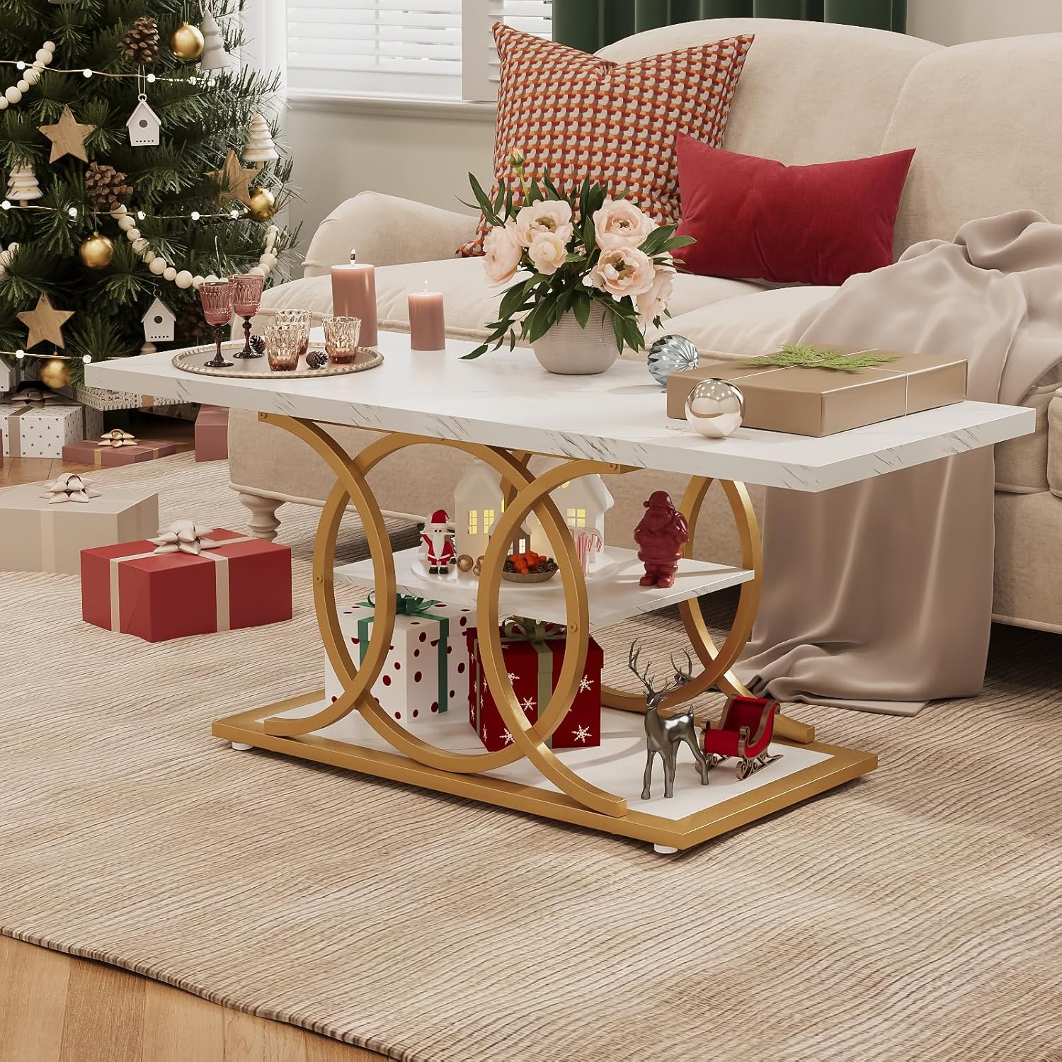 GiftGo Rustic Style Coffee Table Storage Industrial Style Three Tier Centerpiece Living Room Table wourant