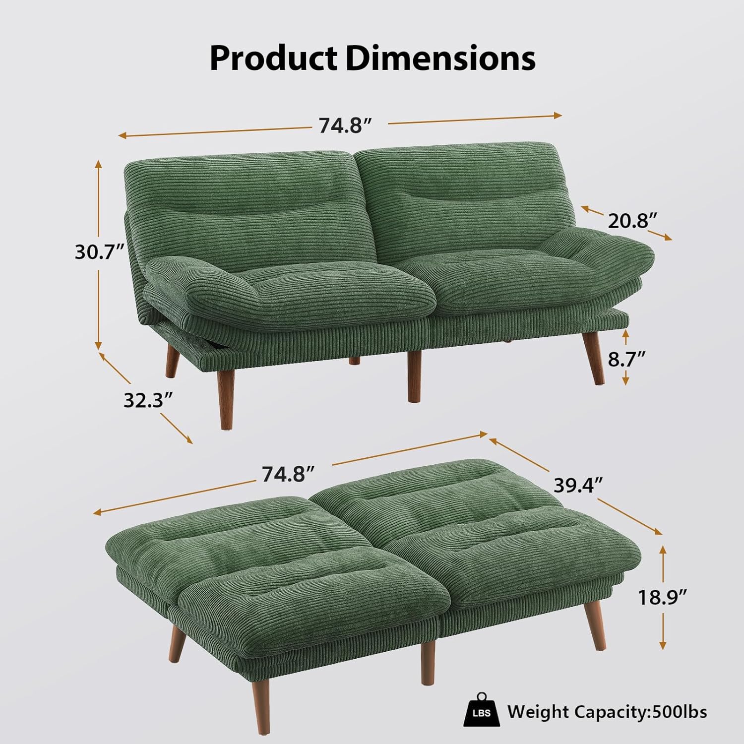 Pipishell Convertible Futon Sofa Bed,66" Corduroy Futon Couch with Adjustable Backrest and Armrests, Recliner Sleeper Sofa for Small Spaces, Play Room or Office, Grey wourant