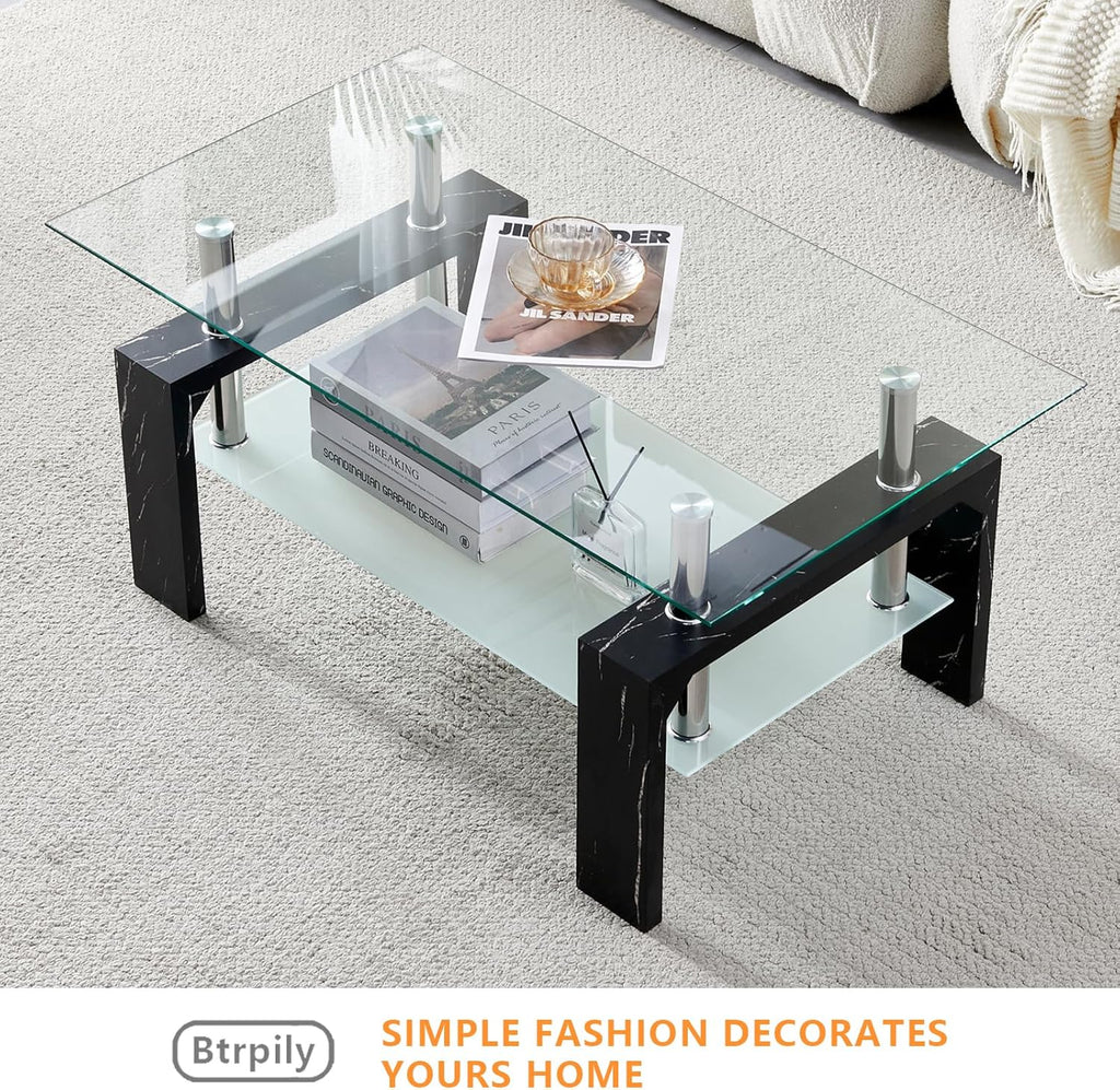 Living Room Rectangle Coffee Table, Tea Table Suitable for Waiting Room, Modern Side Coffee Table with Wooden Leg, Glass Tabletop wourant