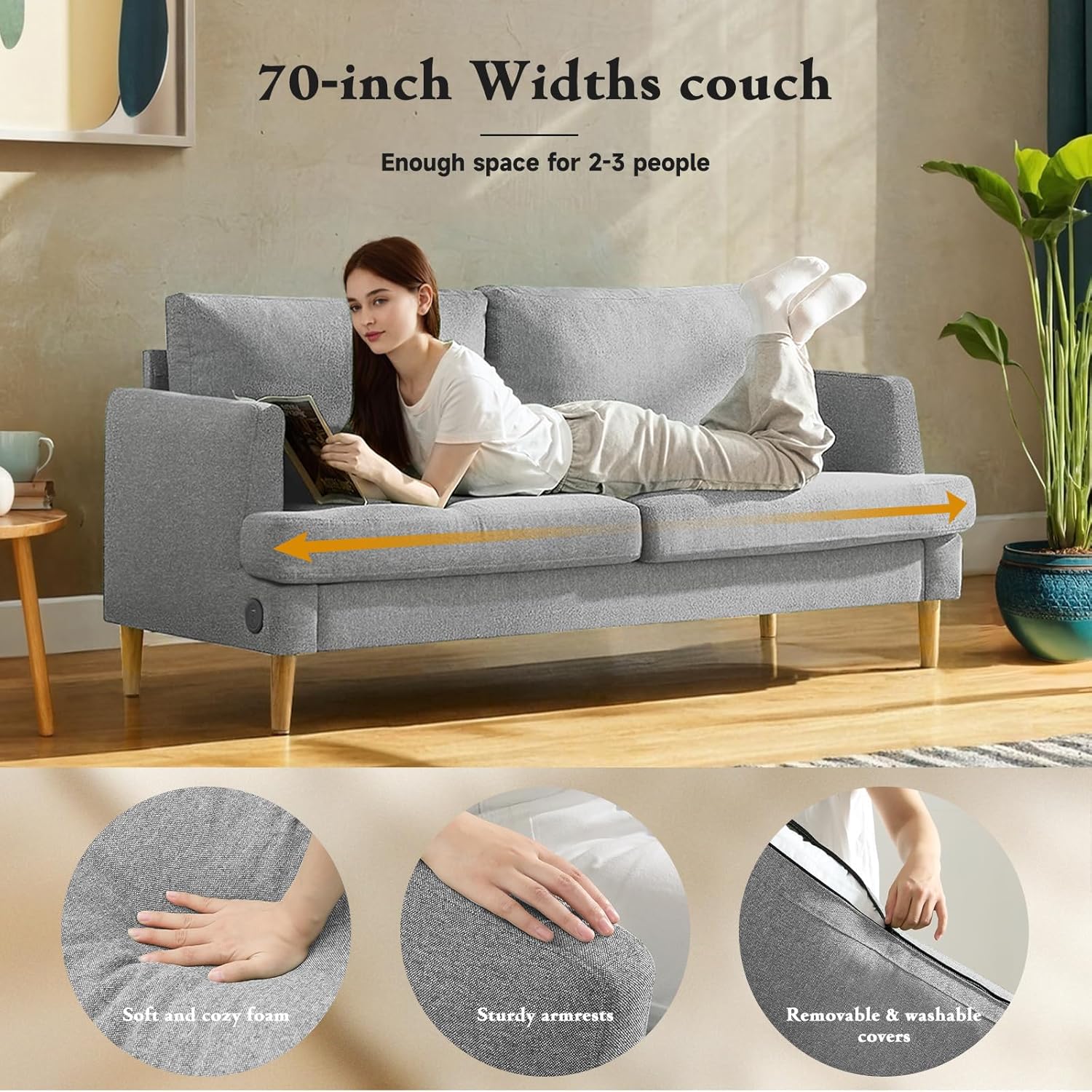 Loveseat Sofa Couch for Living Room USB Type C Ports Dark Gray Upholstered Small Couches wourant